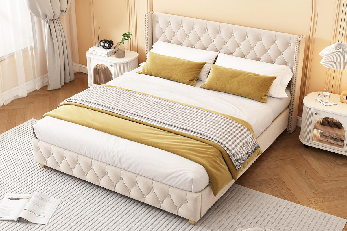 POLSTERBETT 180/200 cm Hellbeige mit Lattenrost und Knopfpolsterung - Beige, Textil (180/200cm) - OKWISH