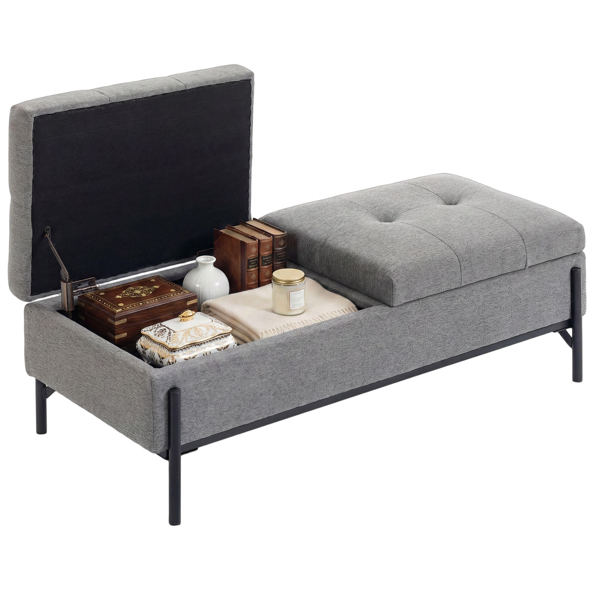 TRUHENBANK DE-07226 mit 2 Fächern und extra dicker Polsterung Leinenoptik - Grau, Metall (50/44/117cm) - ComfortXL
