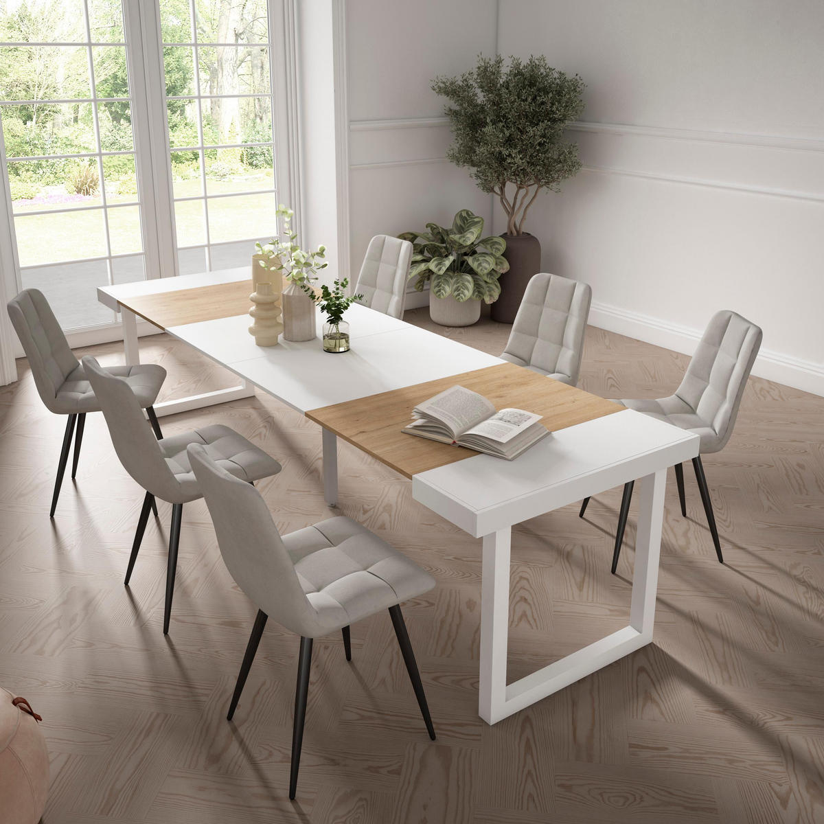 KONSOLENTISCH ausziehbar 58 bis 302cm, für 14 Gäste, eiche weiß, 90/58/73cm - Eichefarben/Weiß, Holzwerkstoff (90/302/73cm) - Skraut Home