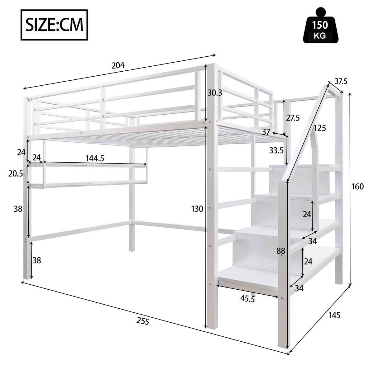 HOCHBETT aus Metall und MDF 140x200 cm Weiß mit Stauraumleiter, Regalen und Freiraum - Weiß, Metall (140/200cm) - IVMEU
