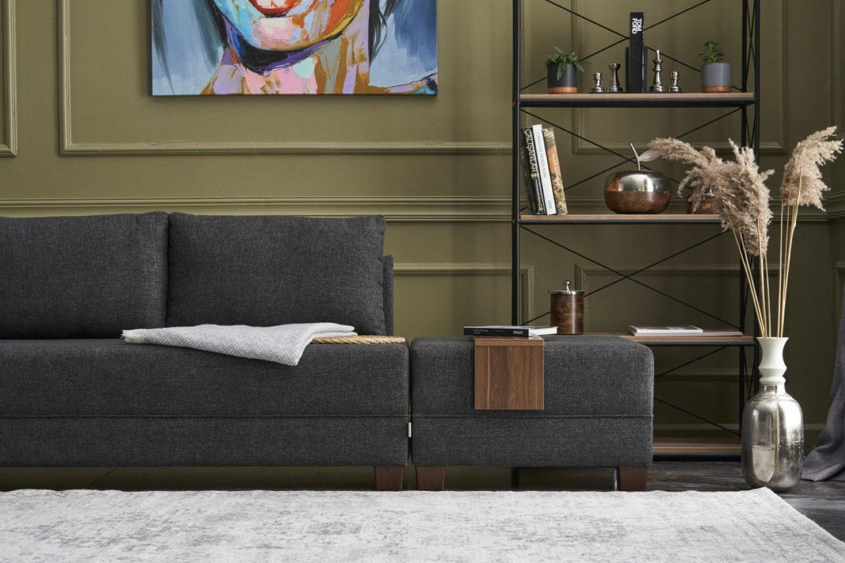 ECKSOFA mit rollbarer Schlaffunktion - Anthrazit/Walnussfarben, Holz/Textil (280/210cm) - myHomelando