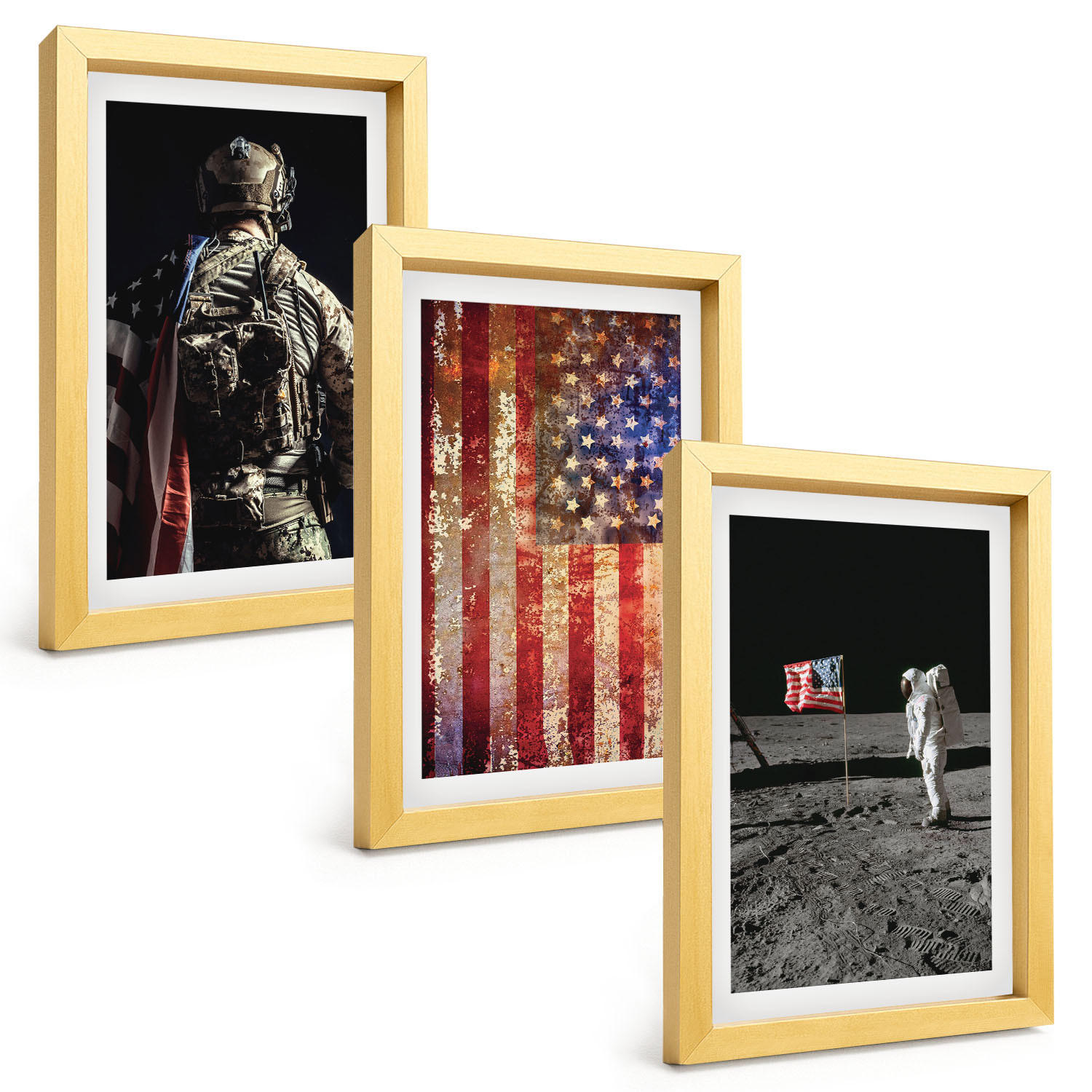BILDER SET 3er Set - 20x30 cm Goldrahmen - Amerikanische Symbole, USA-Flagge - Goldfarben, Kunststoff (20/30cm) - TULUP