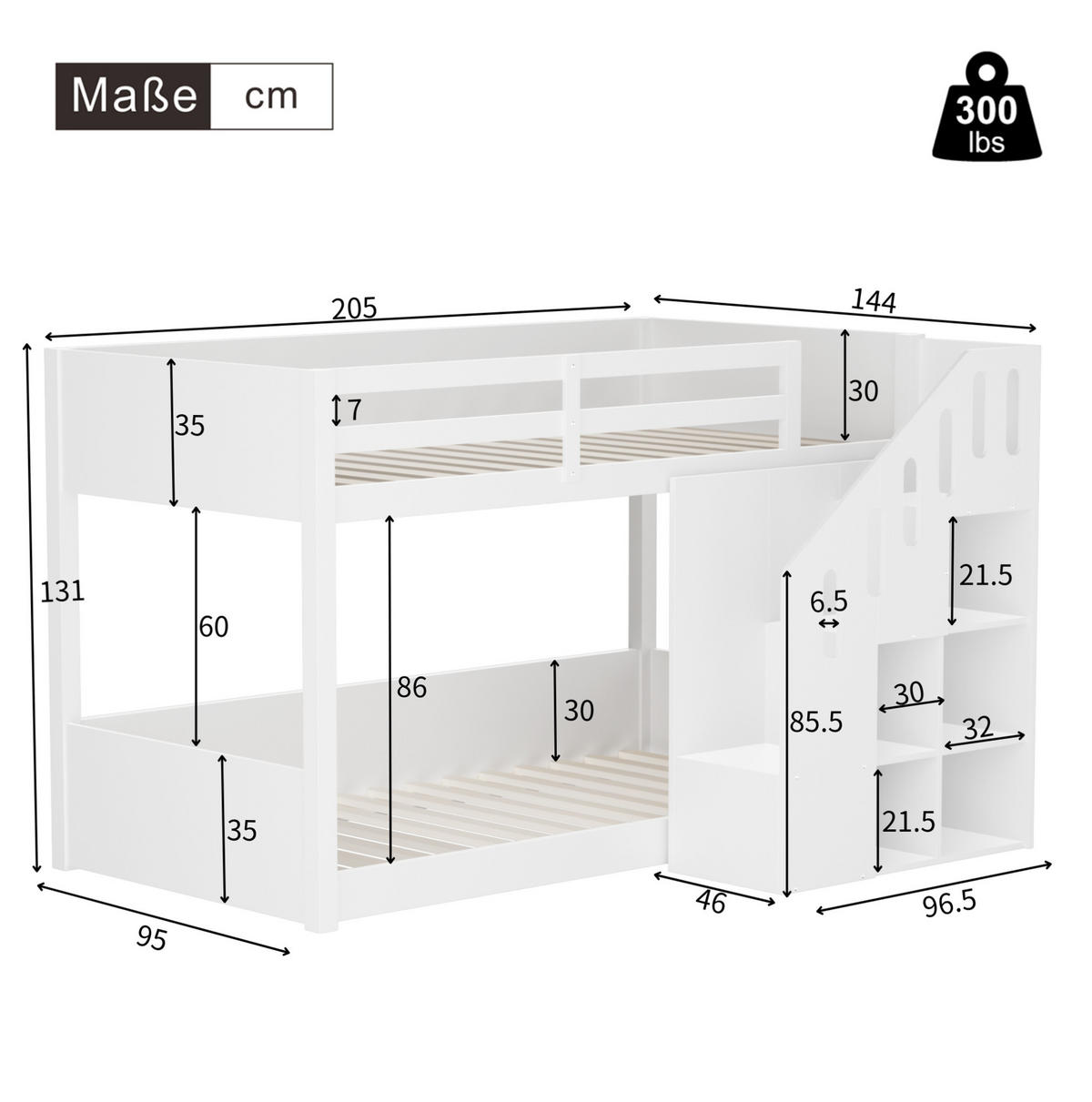 ETAGENBETT 2x 90/200 cm in Weiß mit Stauraumtreppe und Geländer - Weiß, Holz (90/200cm) - BEAOK