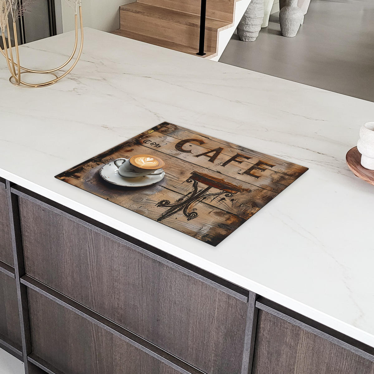 HERDABDECKPLATTE Cafe - Holz - Kaffee - Regale 65x52 cm - Schwarz, Kunststoff (65/0.2/52cm) - MuchoWow