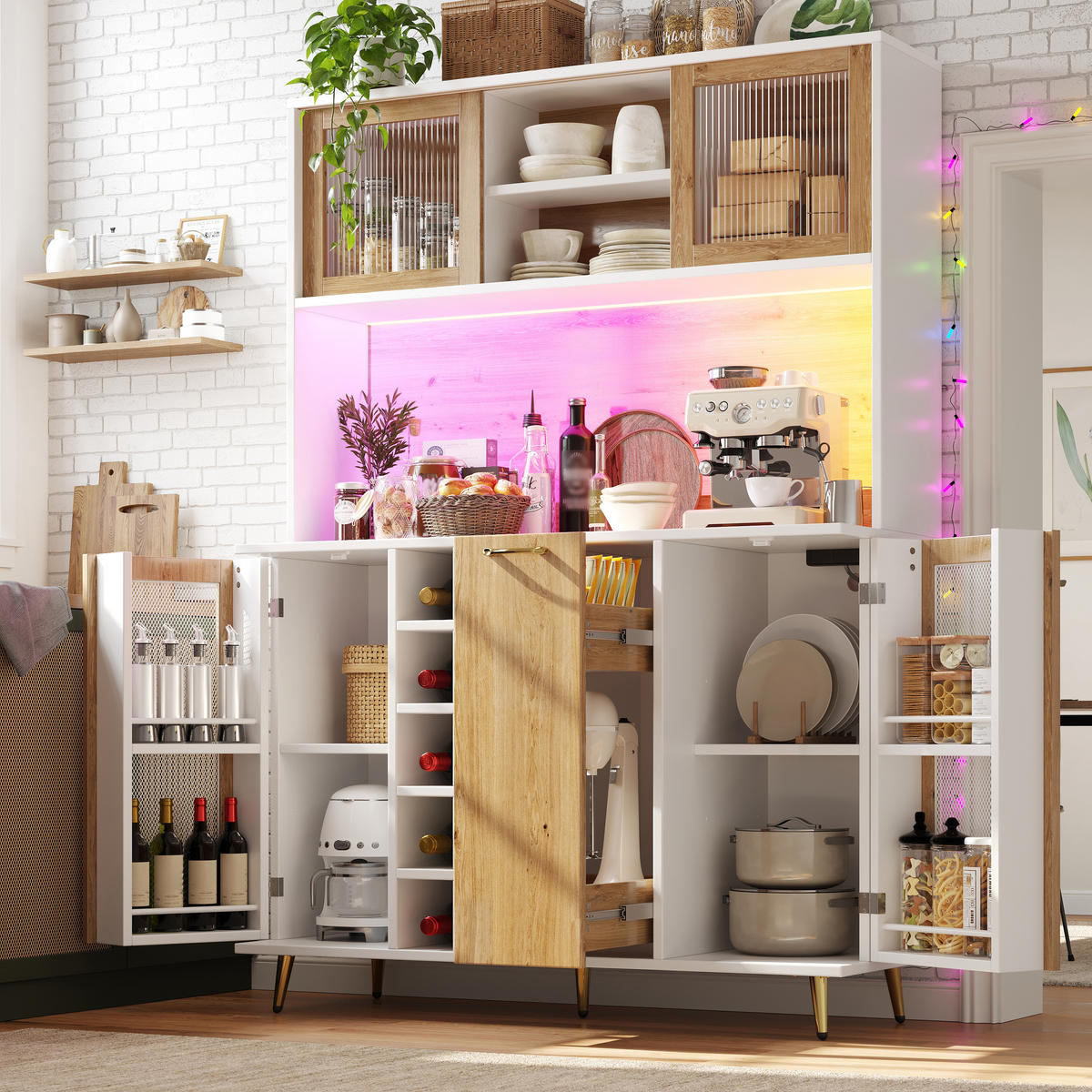 BUFFETSCHRANK 120/40/170 cm Weiß/Holzdekor aus MDF mit LED und Steckdose - Weiß, Holzwerkstoff (120/170/40cm) - OKWISH