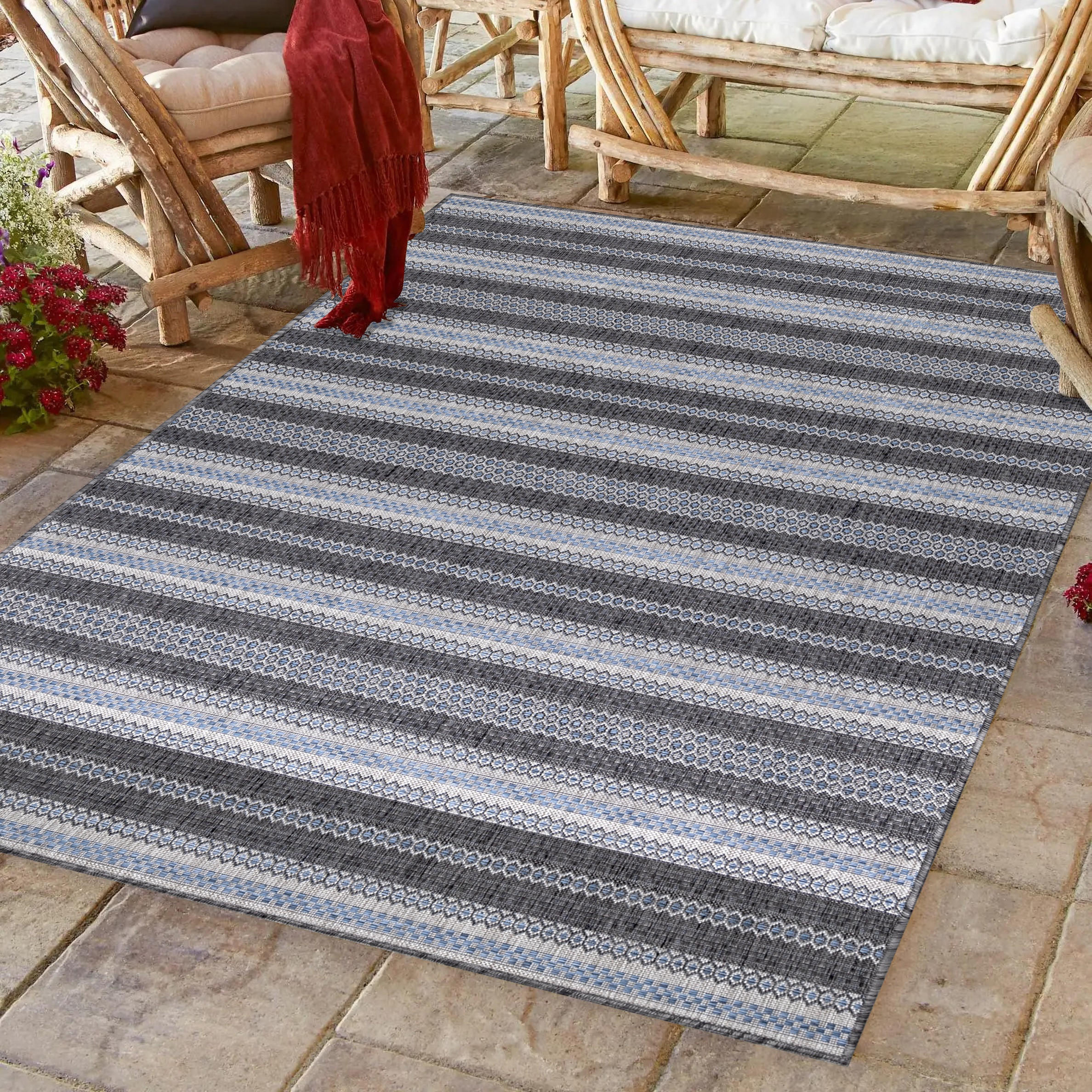 TEPPICH Outdoor Flachgewebe Vintage-Look Polypropylen Balkon Schwarz Rechteckig 200x290 - Schwarz, Textil (200/290cm) - KADIMA DESIGN