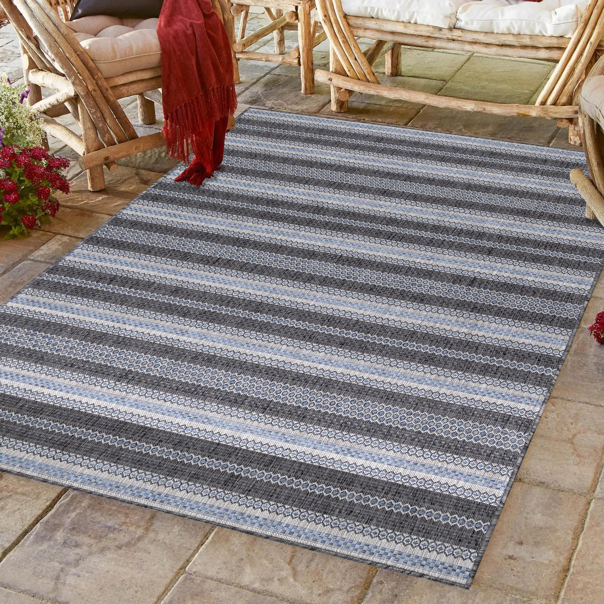 TEPPICH Outdoor Flachgewebe Vintage-Look Polypropylen Balkon Schwarz Rechteckig 240x340 - Schwarz, Textil (240/340cm) - KADIMA DESIGN