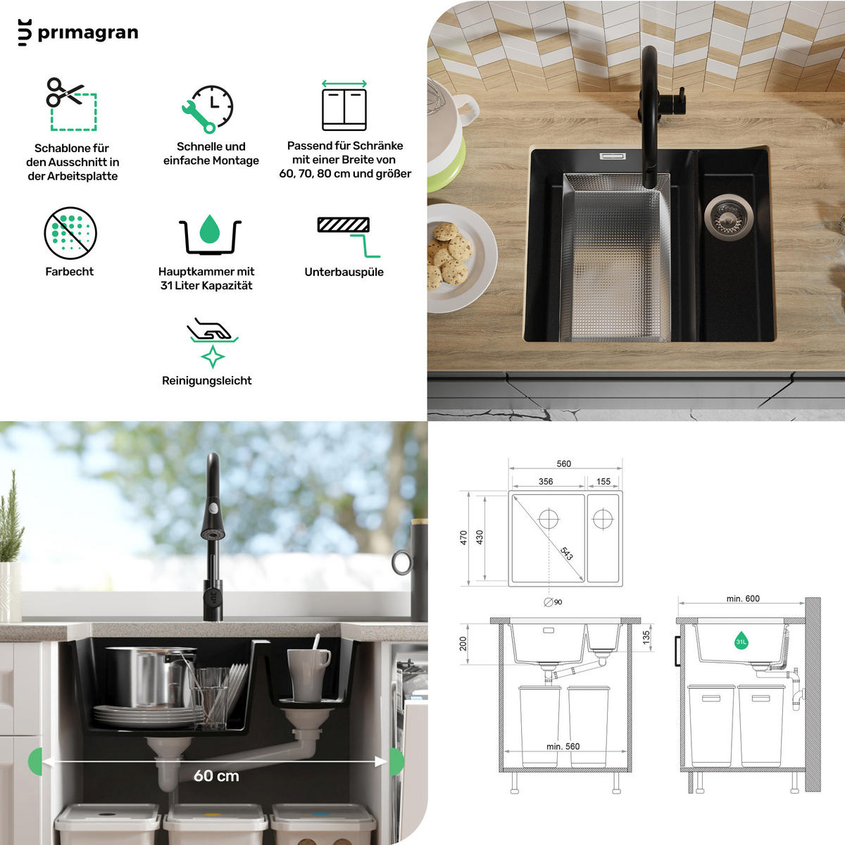 UNTERBAUSPÜLE GRANIT London Duo, 2-er set Weiß 56/47 cm 1,5 Becken + Küchenarmatur 32/20 cm + Ablauf-Set ab 60er Unterschrank - Chromfarben/Weiß, Kunststoff (56/20/47cm) - Primagran