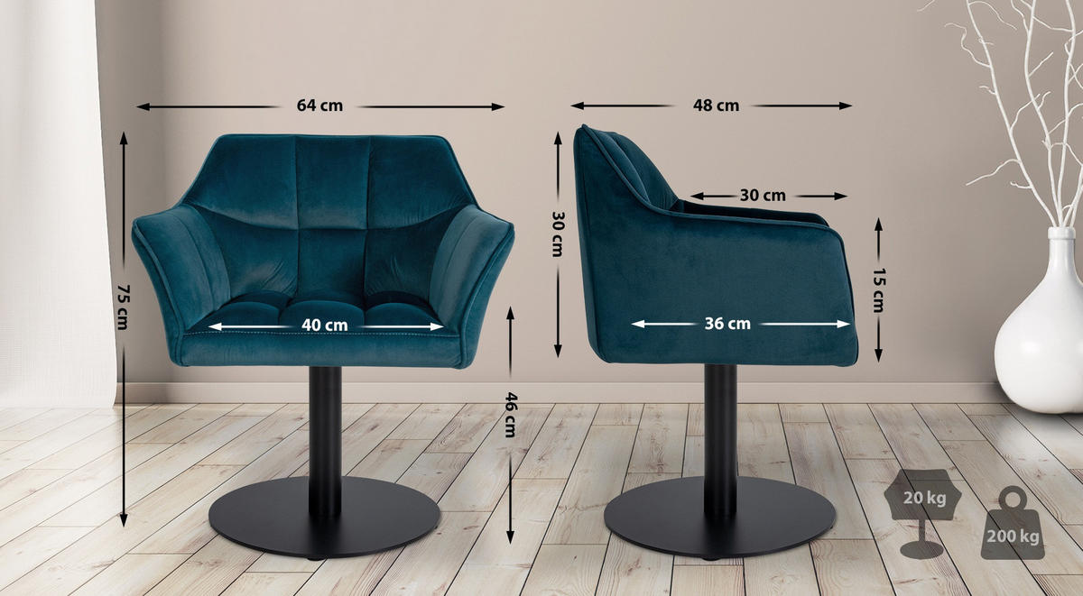 SESSEL Samt Grün - Schwarz/Grün, Textil/Metall (64/75/48cm) - CLP