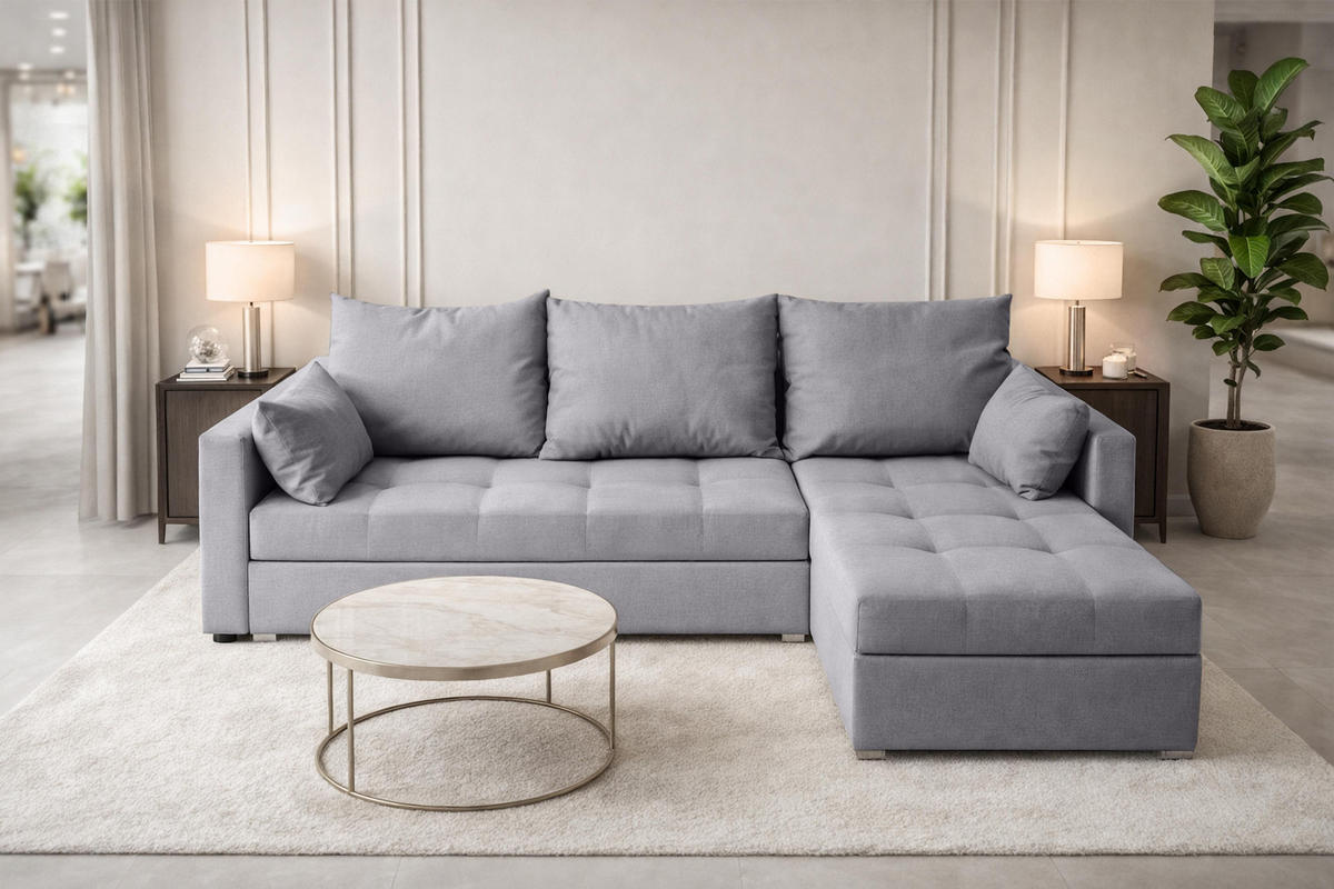 ECKSOFA Universelle L Form Elif Hellgrau 220/140/85 cm stilvolle mit Schlaffunktion - Silberfarben/Hellgrau, Kunststoff/Textil (220/140cm) - AX Living