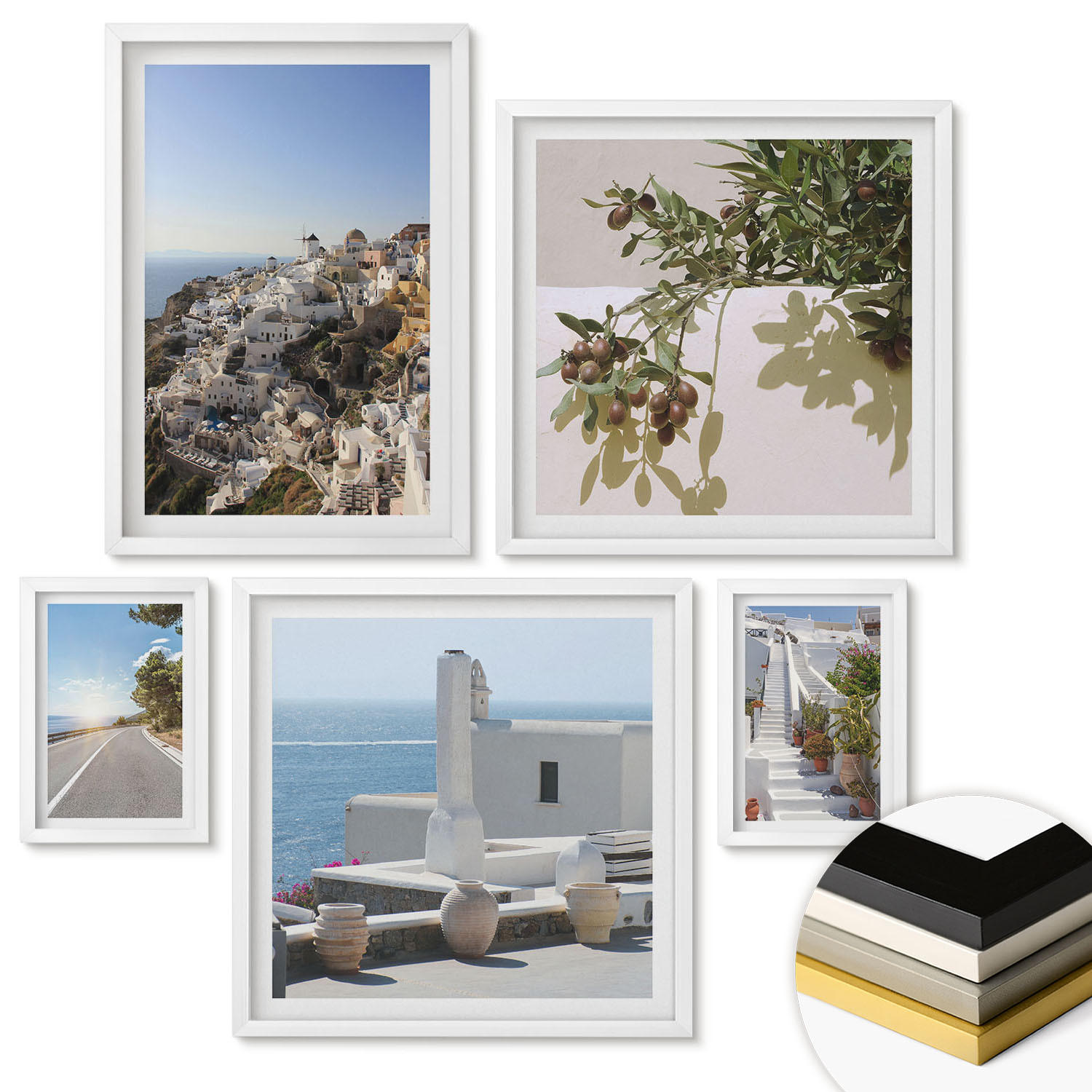 WANDBILDER 5er-Set - 50x50 cm & 20x30 cm & 40x60 cm Weißer Rahmen - Weiße Treppe mit Blick auf Santorini - Weiß, Kunststoff (40/60cm) - ArtPrintCave