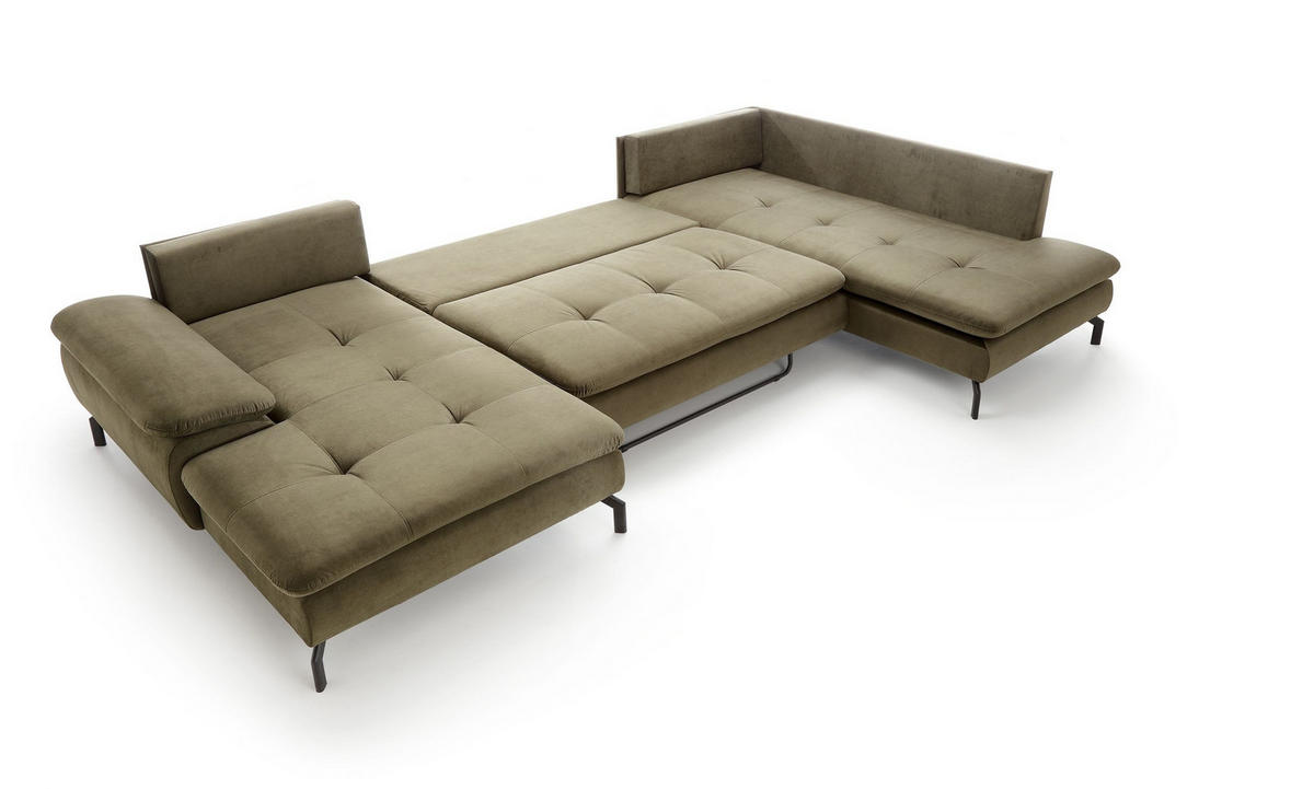 WOHNLANDSCHAFT VOLO Grün Plüsch-Stoff mit Schlaffunktion - Grün, Holz (347/82/205cm) - MASSENO