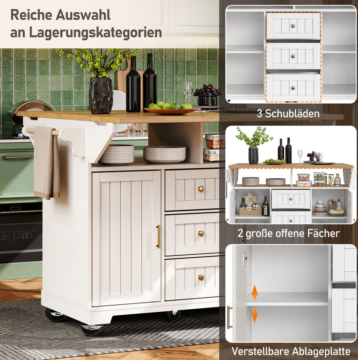 KÜCHENINSEL 120/40/95 cm Weiß aus MDF und Metall mit klappbarer Tischplatte - Weiß, Holzwerkstoff (40/95/120cm) - OKMYHOME