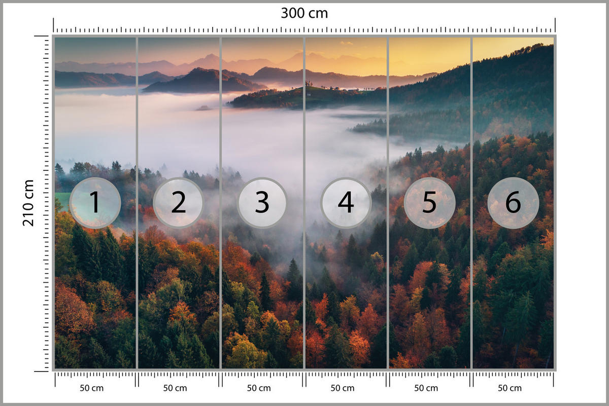 FOTOTAPETE für Wohnzimmer Nebelwald Sonnenuntergang Berge Bäume 300x210 - Beige/Rot, Papier (300/210cm) - Muralo