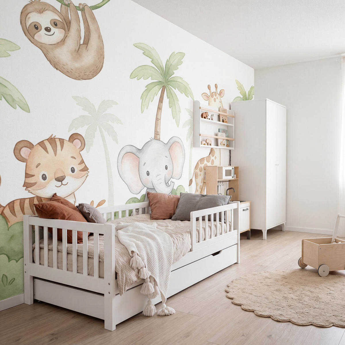 KINDERTAPETE - Tiere - Dschungel - Pastell - 450x300 cm - Weiß, Papier (450/300cm) - OnlyWow