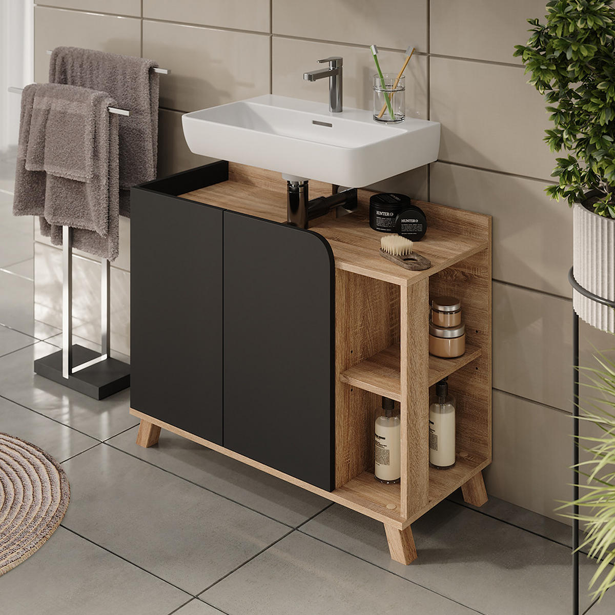 WASCHBECKENUNTERSCHRANK Karen Sonoma/Anthrazit 80 x 65 cm mit 2 Türen - Anthrazit/Sonoma Eiche, Holzwerkstoff (80/65/35cm) - Vicco