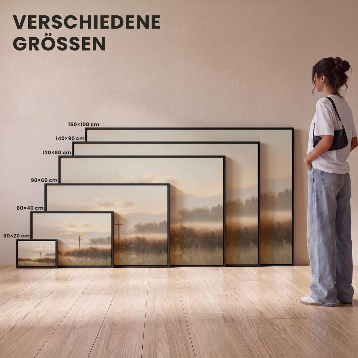 LEINWAND Bilder mit Rahmen - Gras - Morgennebel - Kreuz - Christentum - 90x60 - Beige, Textil (90/60cm) - MuchoWow