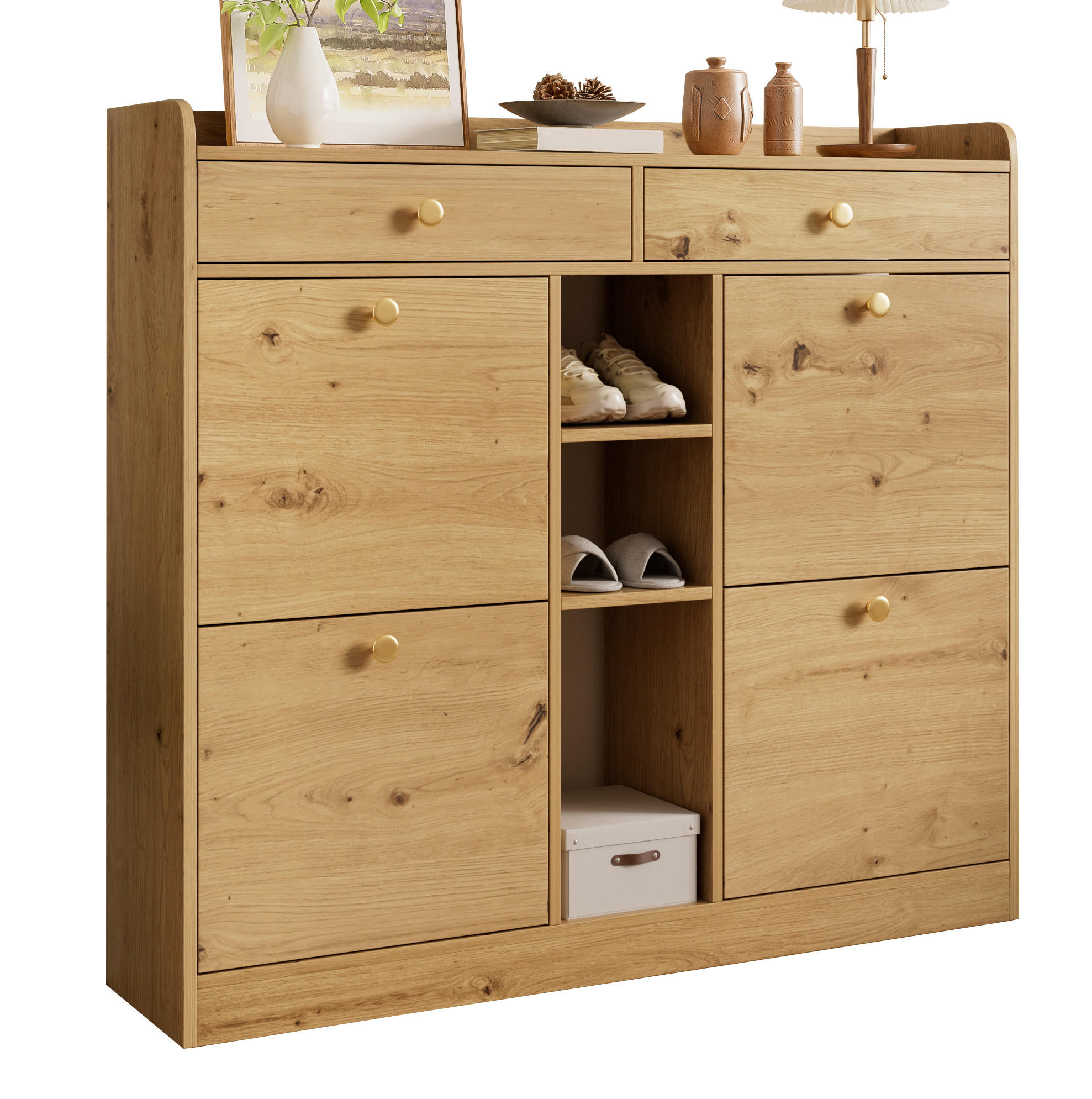 SCHUHSCHRANK aus Spanplatte 110x26x100cm in Natur mit 4 Klapptüren - Naturfarben, Holzwerkstoff (110/100/26cm) - Modfu