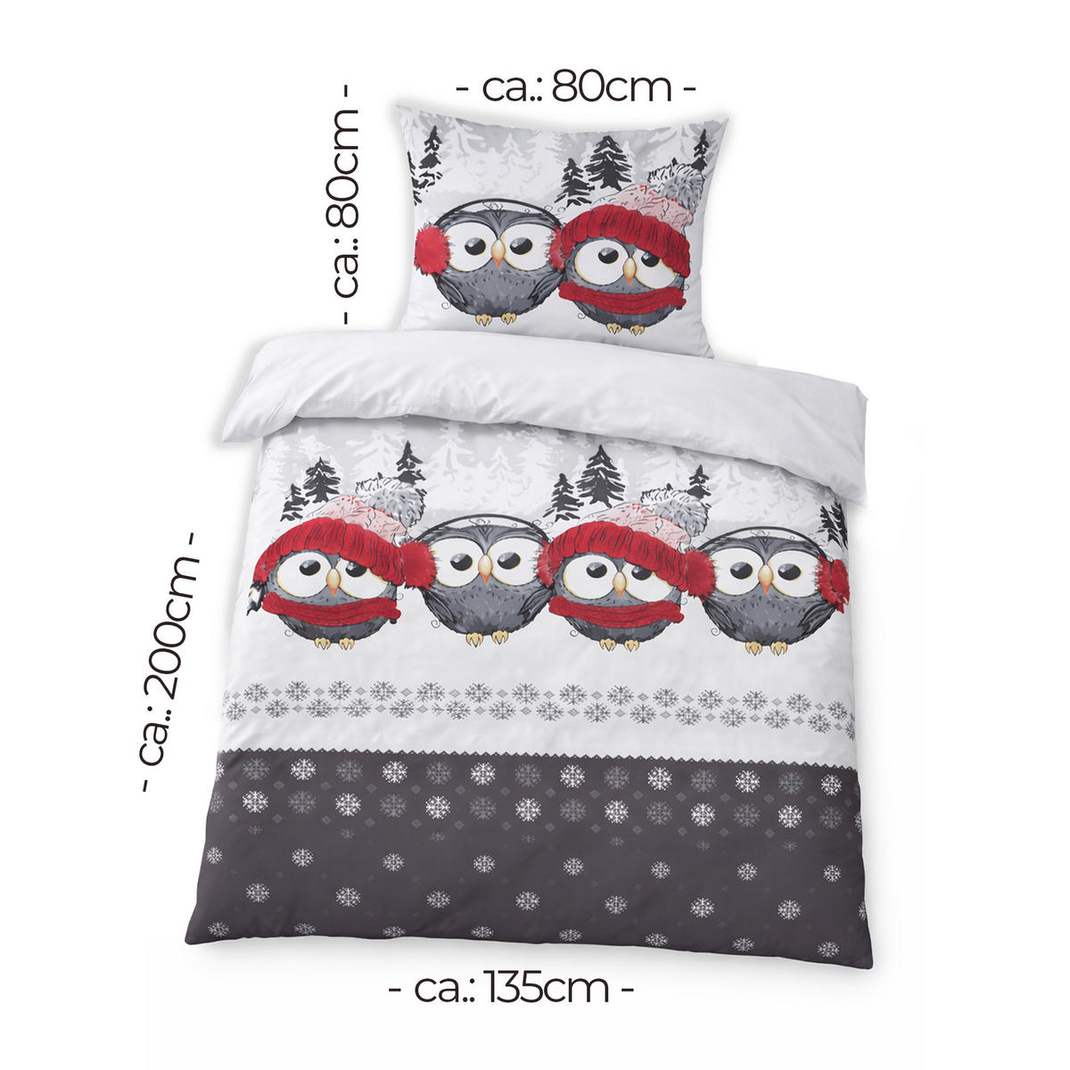 BETTWÄSCHE Feinbiber Herbst/Winter 135/200 cm Grau (Eule) - Rot/Grau, Textil (135/200cm) - Bestlivings