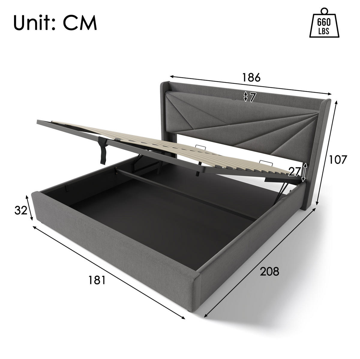 POLSTERBETT 180/200 cm Grau aus Baumwollleinen mit Bettkasten und USB Typ-C - Grau, Textil (180/200cm) - OKMYHOME