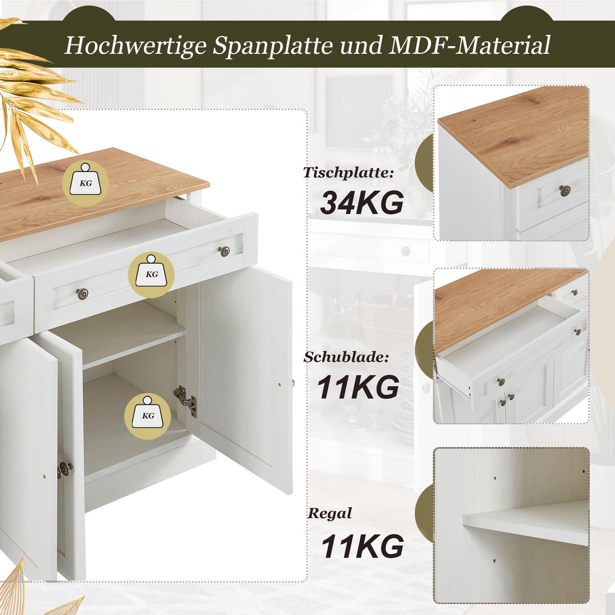SIDEBOARD in Naturfarbe und Weiß Anrichte mit 4 Türen und 2 Schubladen für Esszimmer und Wohnzimmer, B150/T40/H86 cm - Weiß/Naturfarben, Holzwerkstoff (148/86/40cm) - STILVORA