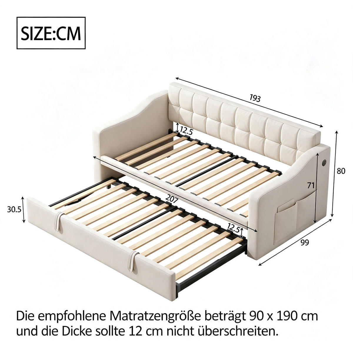 AUSZIEHBETT 90/180/190 cm, DE-01999, in Beige - Beige, Metall (90/190cm) - ComfortXL
