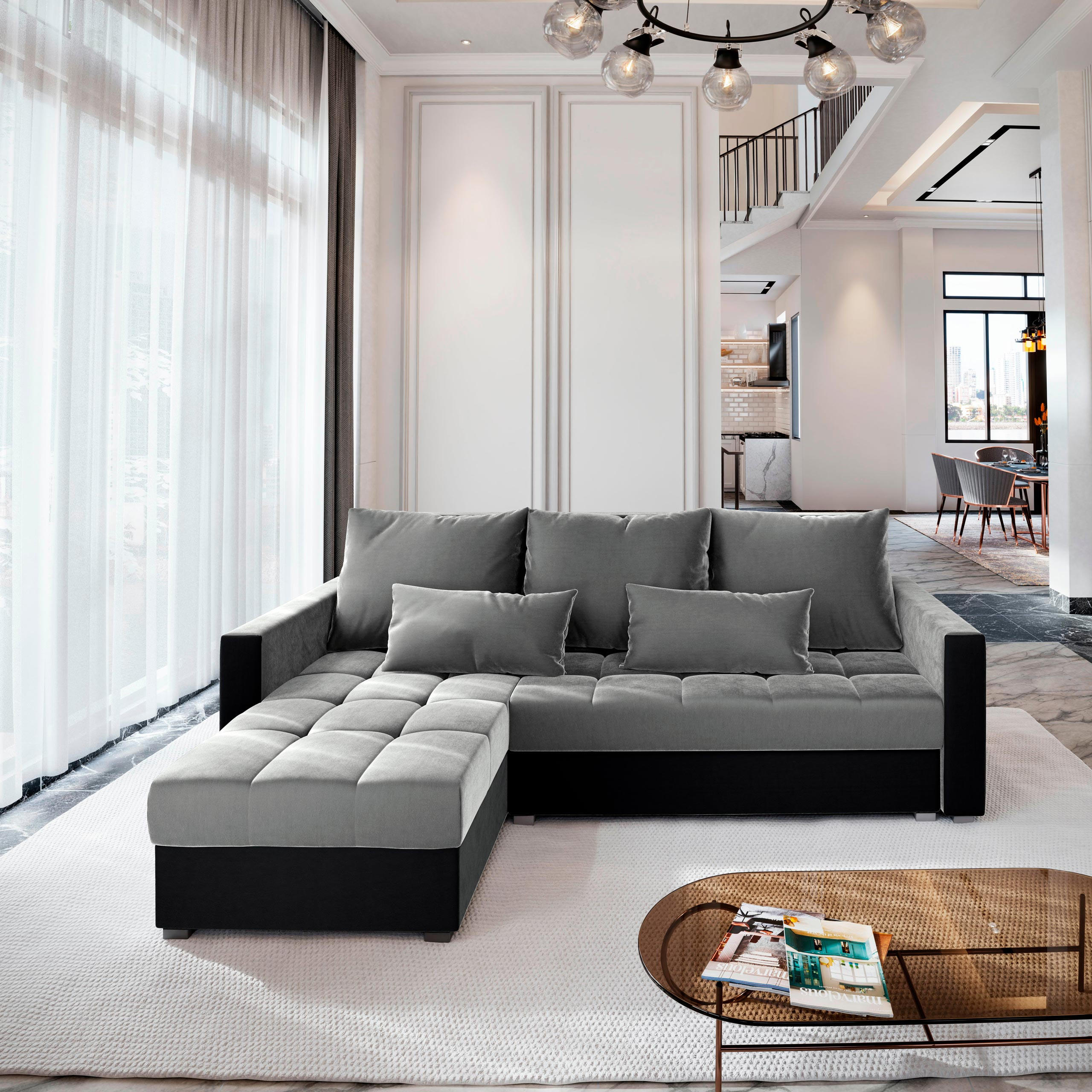 ECKSOFA KOS PIK Hellgrau Plüsch-Stoff mit Schlaffunktion - Anthrazit/Hellgrau, Holz (220/140cm) - MASSENO