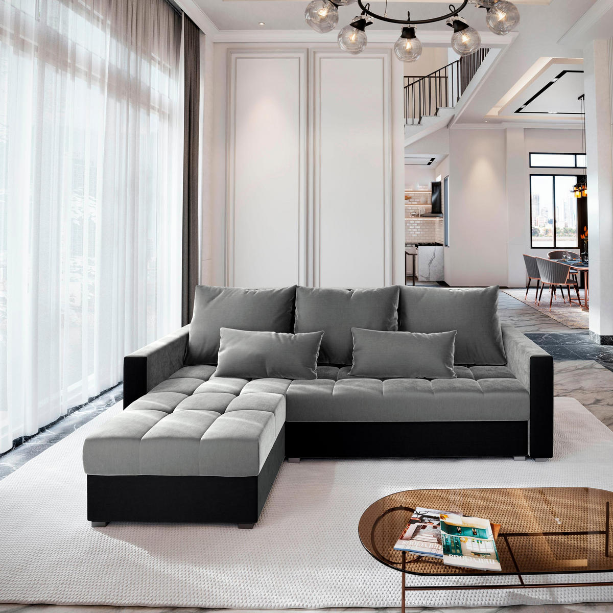ECKSOFA KOS PIK Hellgrau Plüsch-Stoff mit Schlaffunktion - Anthrazit/Hellgrau, Holz (220/140cm) - MASSENO