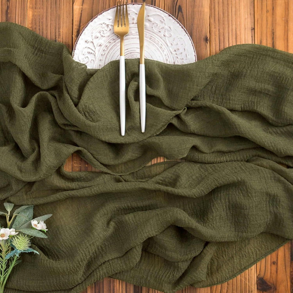 TISCHLÄUFER Musselin Olivgrün 80 x 400 cm - Olivgrün, Textil (400/80/1.5cm)