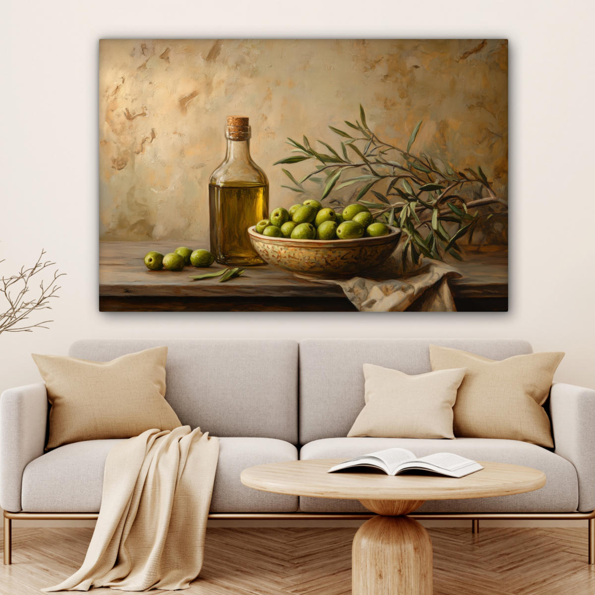 LEINWANDBILD Oliven - Stilleben - Vintage Wohnzimmer 120x80 cm - Olivgrün, Textil (120/80cm) - MuchoWow