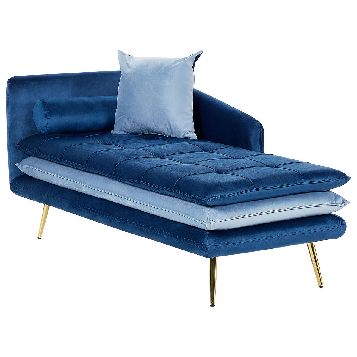 ČALOUNĚNÉ LEHÁTKO CHAISE LONGUE Sametová látka modré levostranné Gonesse - zlatá/tmavě modrá, textil (160/72/79cm) - Beliani