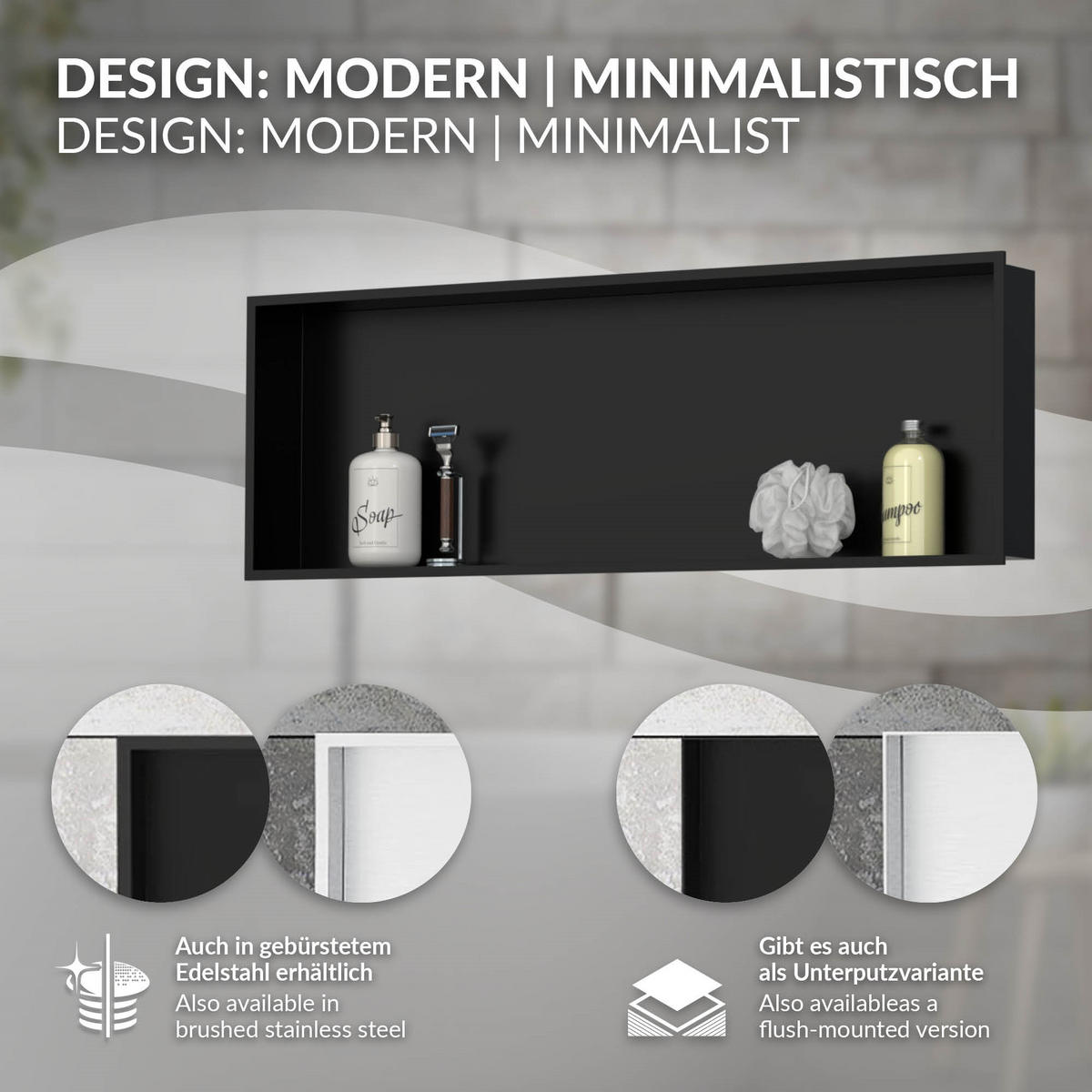 DUSCHNISCHE Schwarz 90/30 cm - Schwarz, Metall (90/30/10cm) - LuxeBath