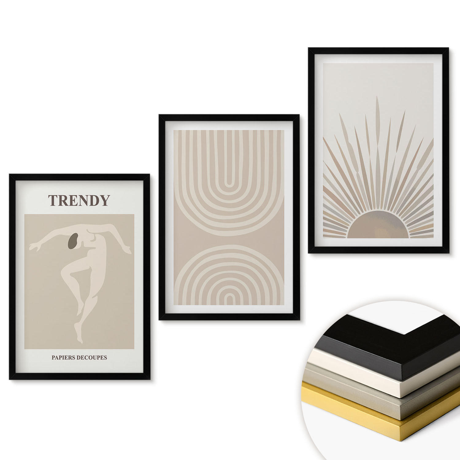 WANDBILDER 3er-Set - 40x60 cm Schwarzer Rahmen - Abstrakte Poster im Boho-Stil in Pastellfarben - Schwarz, Kunststoff (40/60cm) - ArtPrintCave