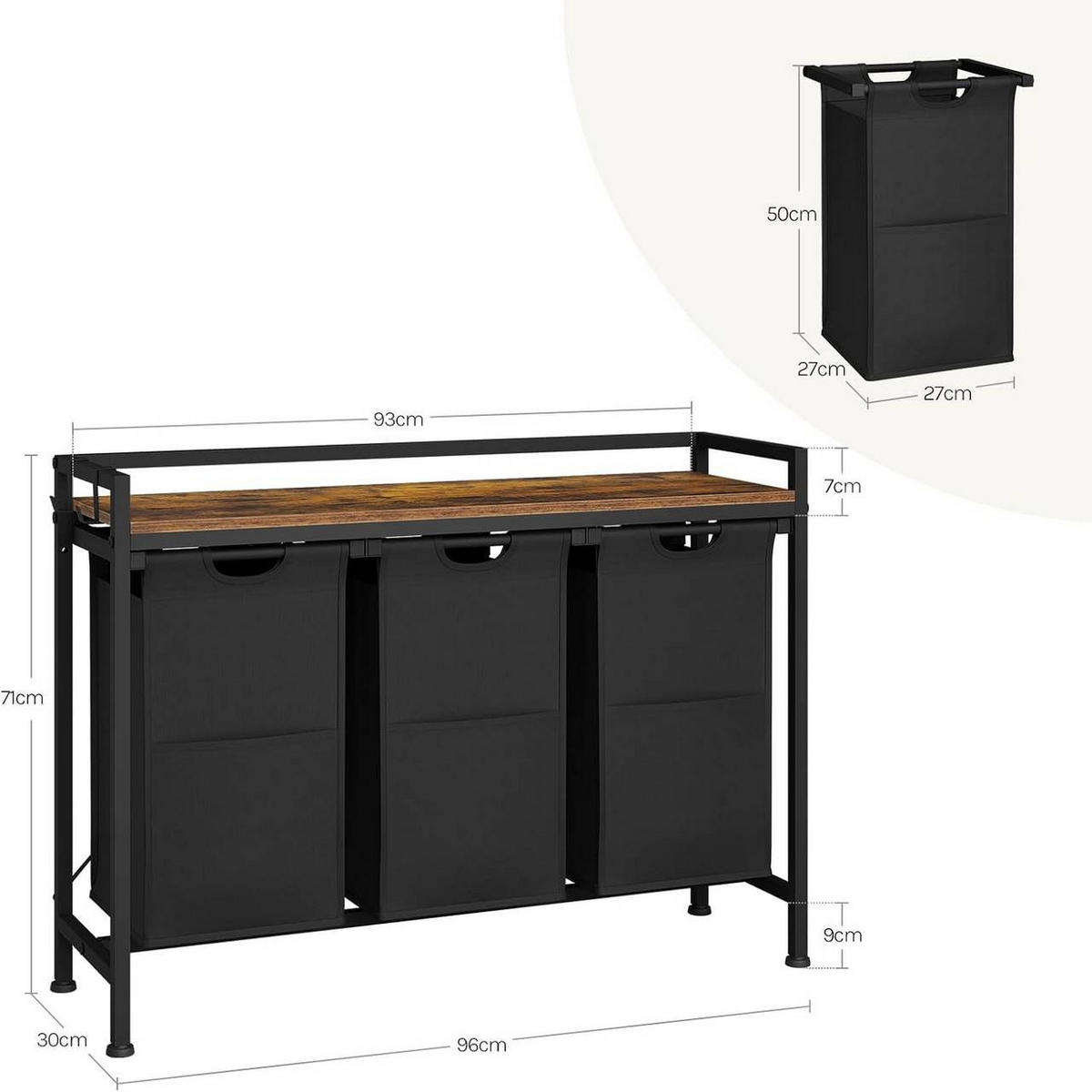 WÄSCHEKORB 3 Fächer, jedes 40 L, Schwarz+Vintagebraun - Dunkelbraun/Schwarz, Holzwerkstoff/Textil (96/71/30cm) - Woltu