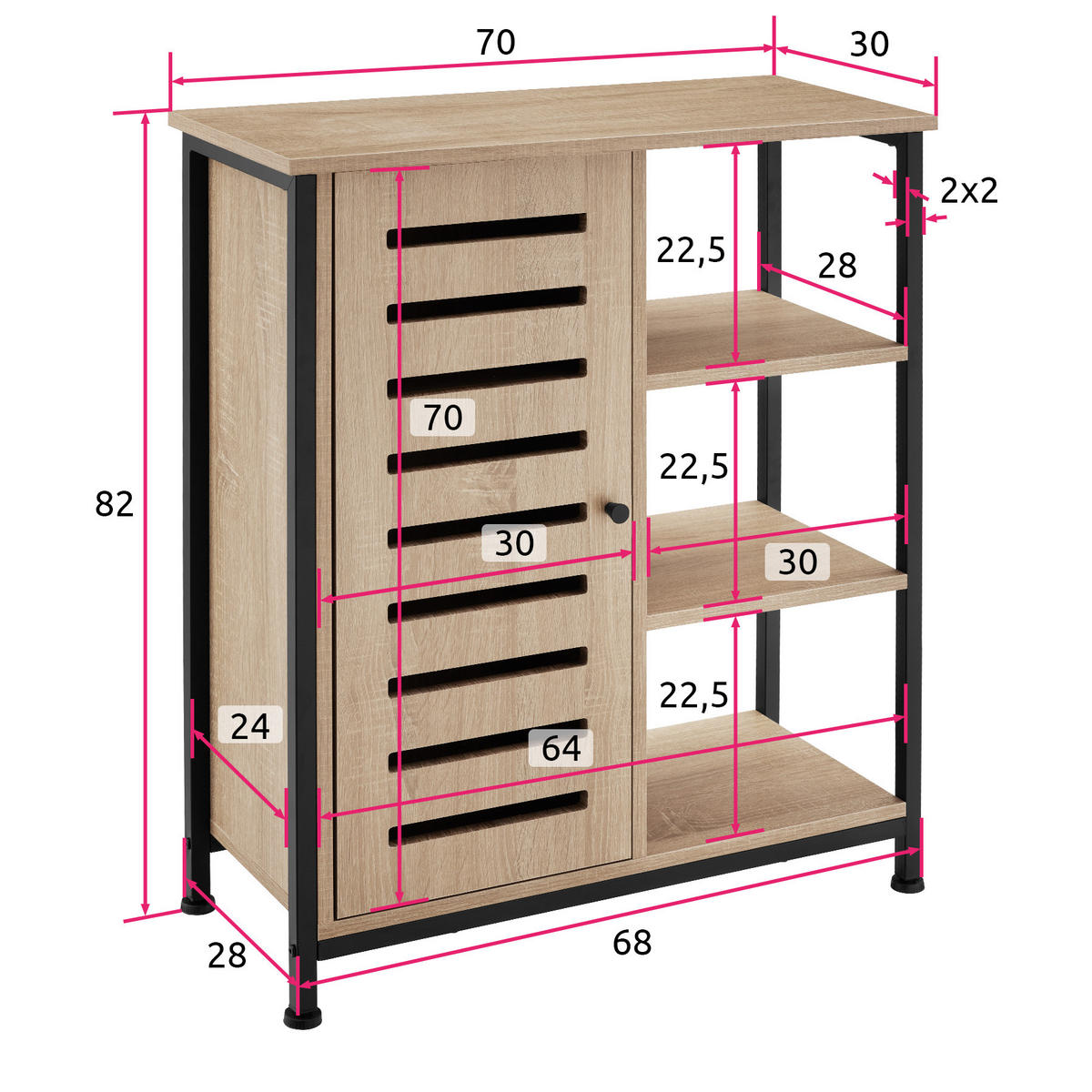 SIDEBOARD ,mit höhenverstellbaren Kunststofffüßen, 70 x 32 x 82 cm,Industrial Holz hell, Eiche Sonoma - Naturfarben, Holzwerkstoff (32/82/71cm) - tectake