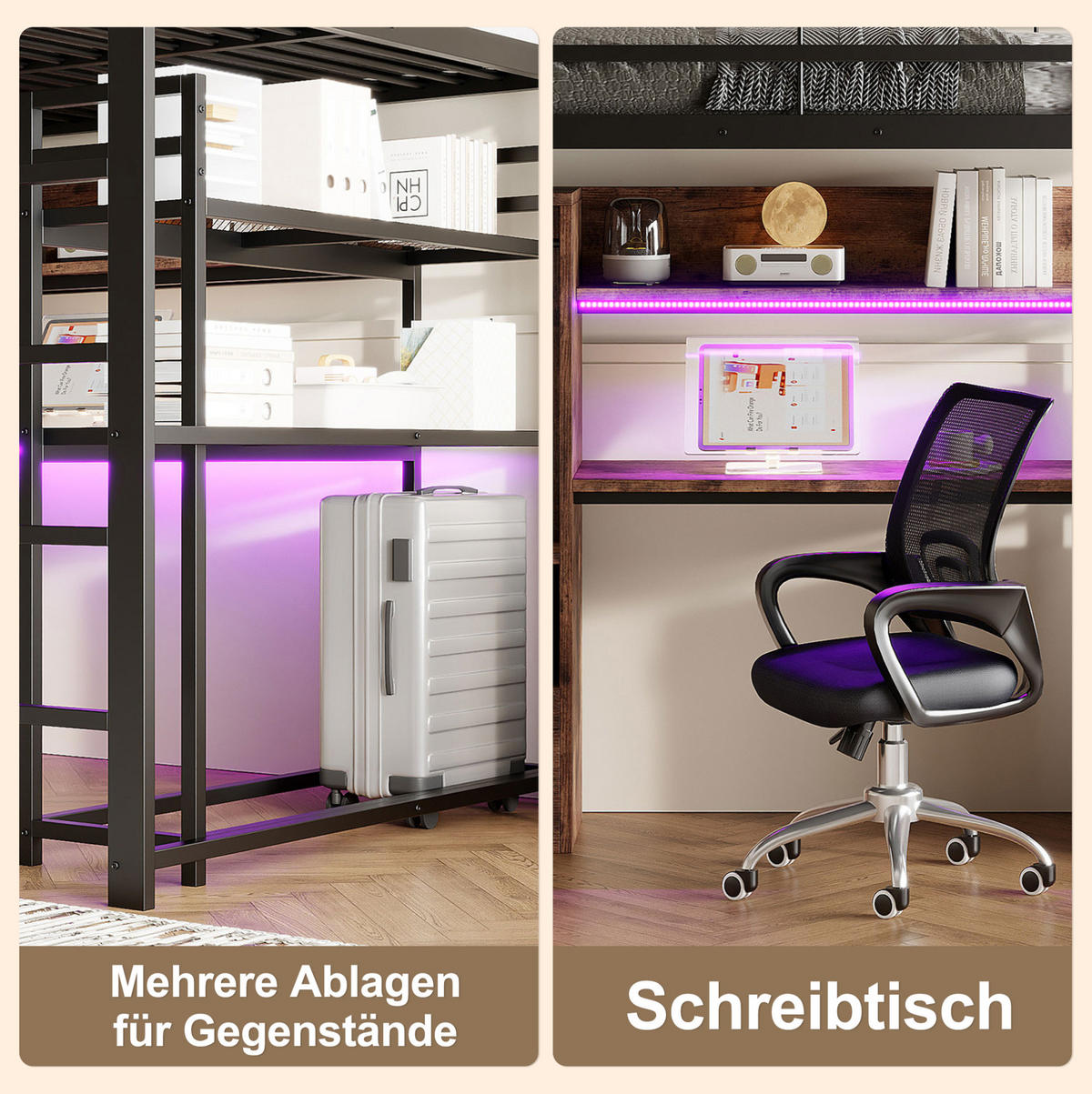 HOCHBETT 140/200 cm Schwarz aus Metall und MDF mit LED-Beleuchtung - Schwarz, Holzwerkstoff (140/200cm) - OKMYHOME
