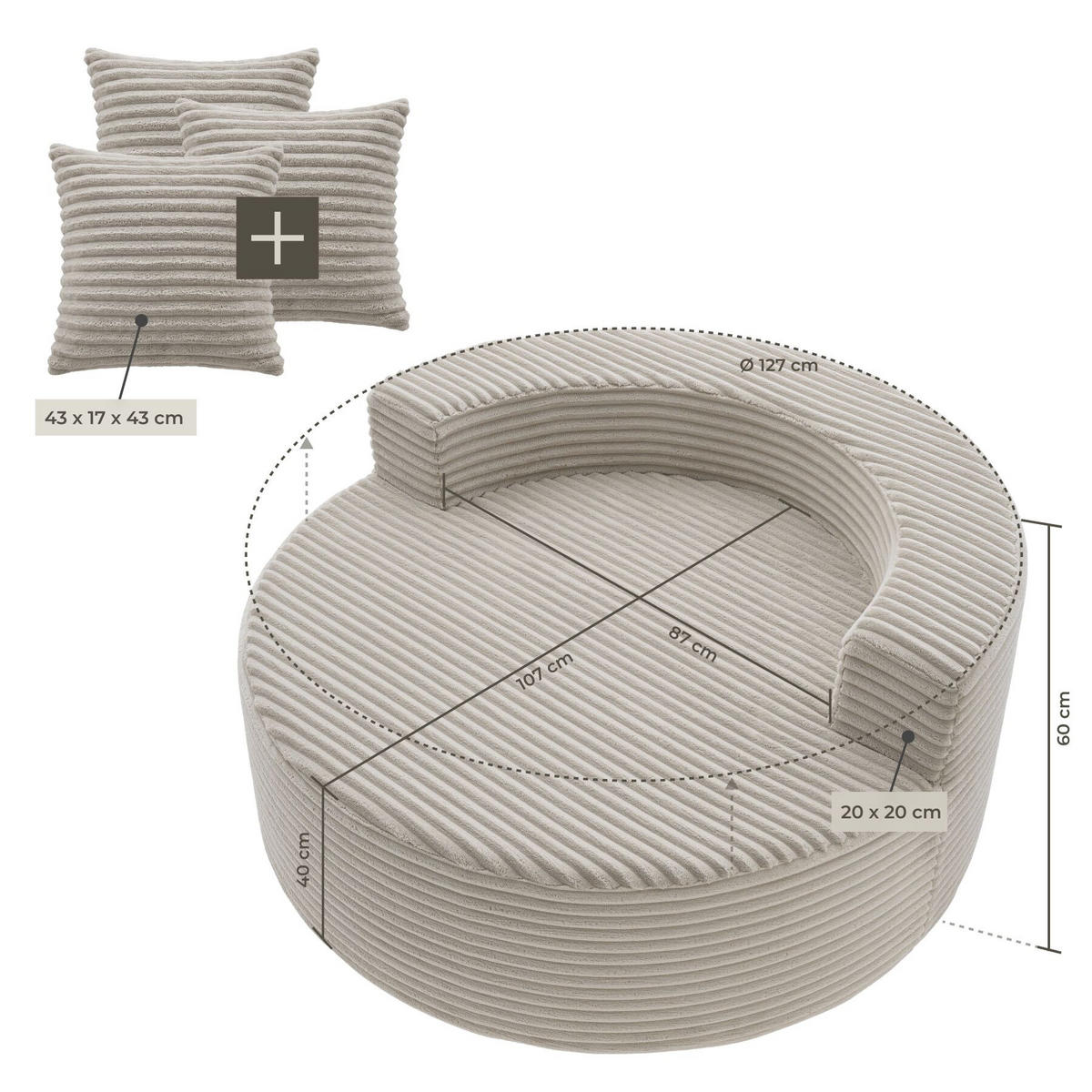 RELAXSESSEL Love, Ø 127 x 60 cm, mit 3 Kissen, Samtcord beige - Beige, Kunststoff/Textil (127/60/127cm) - tectake