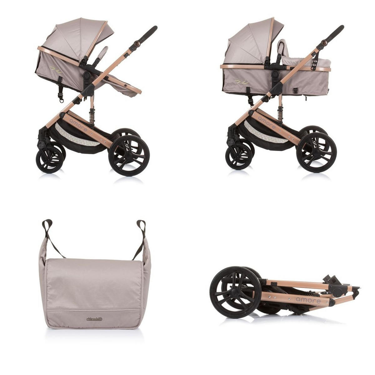 KOMBIKINDERWAGEN 2 in 1 Amore beige Getränkehalter Wickeltasche Fußabdeckung Korb - Beige, Metall (95/63/105cm) - Chipolino