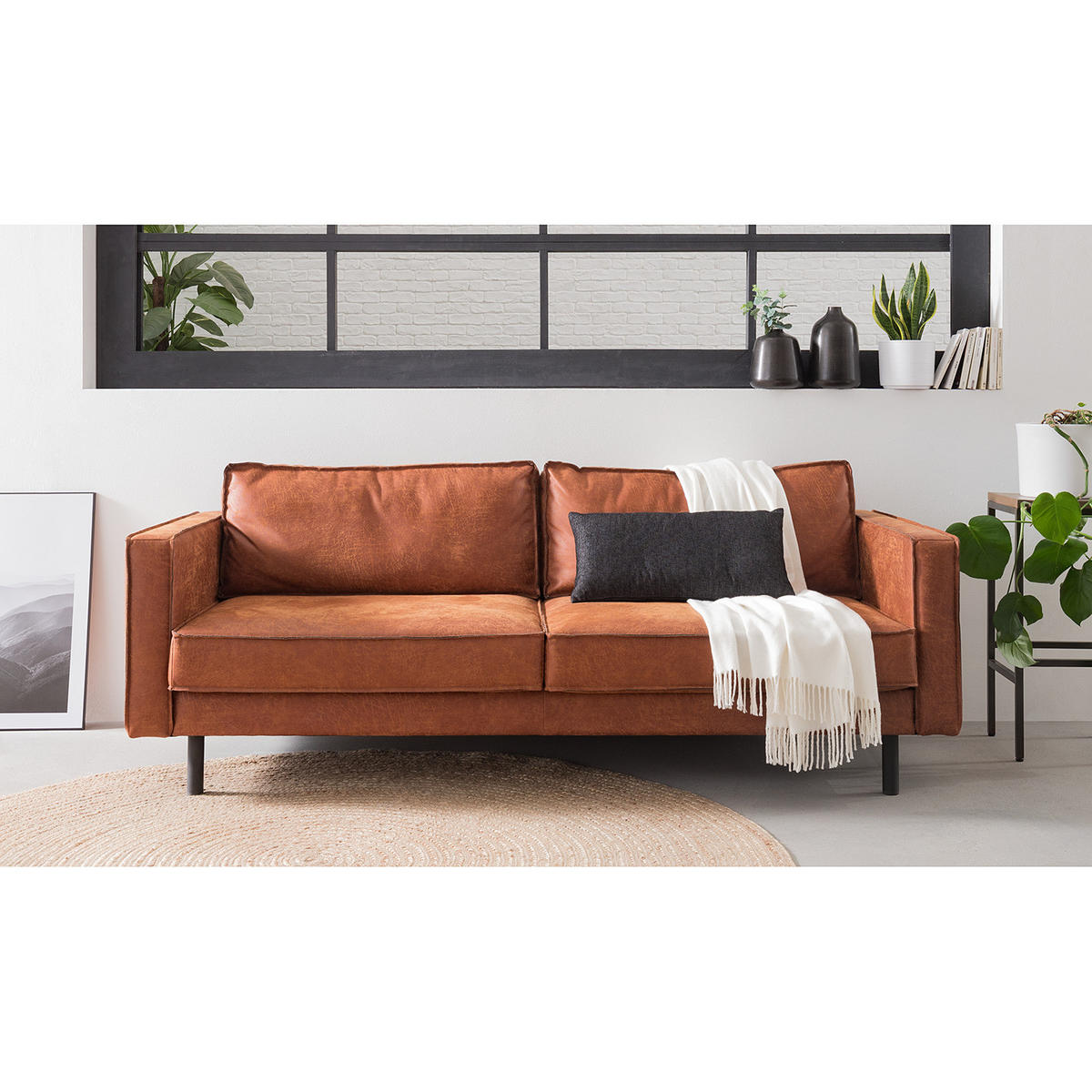 3-SITZER SOFA - Cognac/Schwarz, Leder/Textil (207/81/96cm) - home24