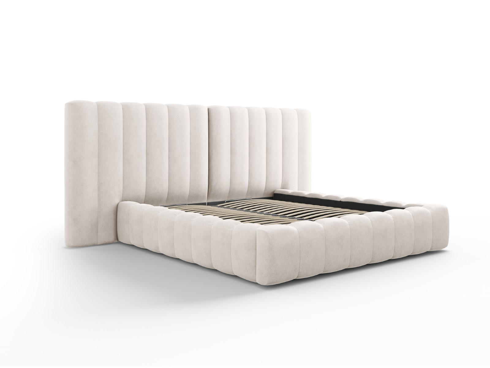 BETT mit Bettkasten und Doppelkopfteil Kelp aus strukturiertem Stoff beige 140x200cm - Beige, Textil (140/200cm) - Micadoni