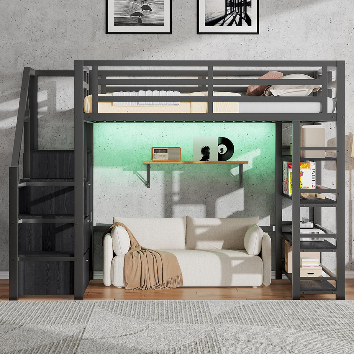 HOCHBETT 140X200 cm mit Ablagefächernund und LED-Beleuchtung, Schwarz - Schwarz, Metall (140/200cm) - KOMHTOM