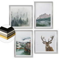 WANDBILDER 4er Set - 50x50 cm & 40x60 cm Silberner Rahmen - Berge, See, Hirsche, Hütte, Nebel - Silberfarben, Kunststoff (50/50cm) - ArtPrintCave
