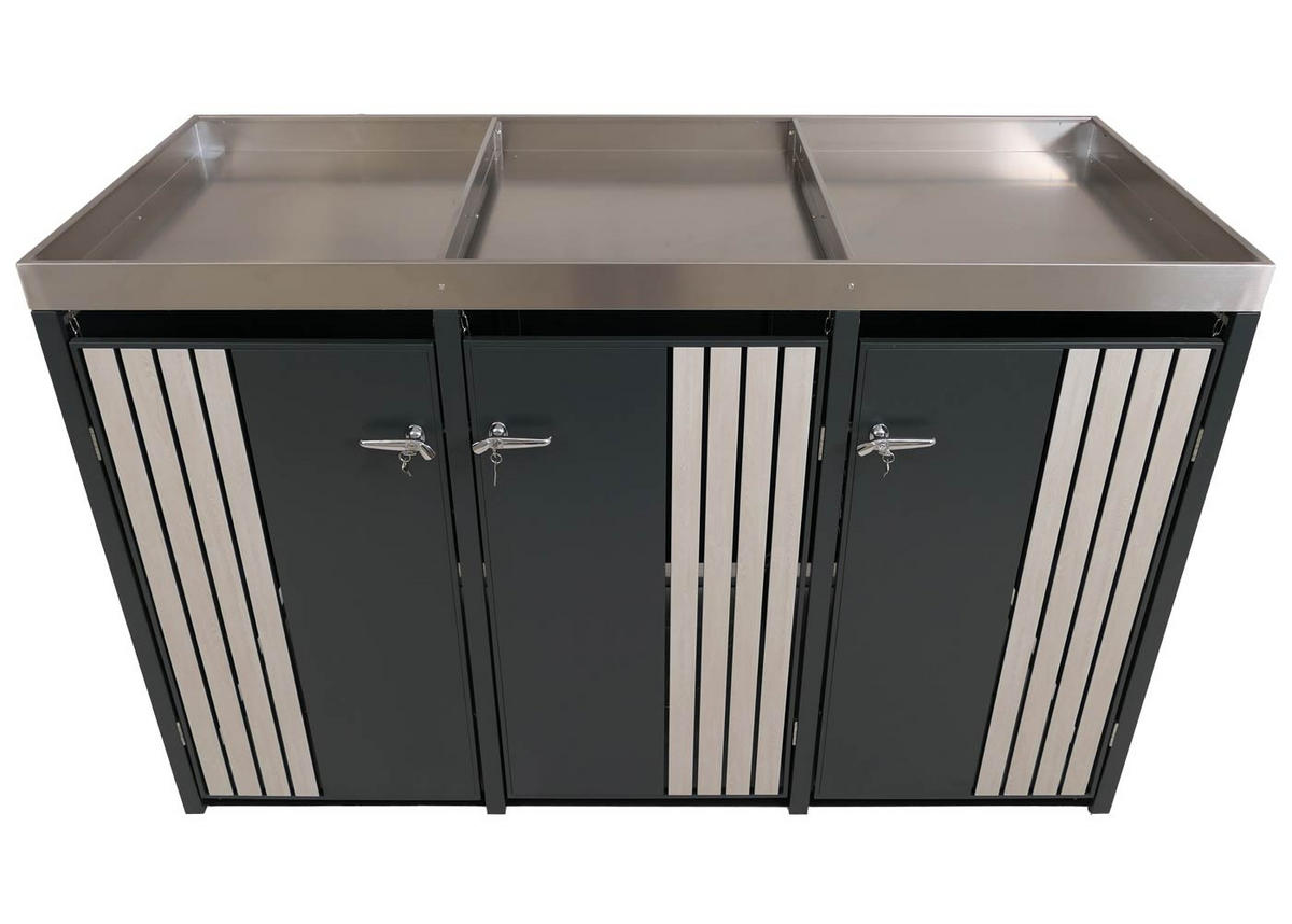 MÜLLTONNENBOX 3er mit Pflanzkasten HxBxT 125x196x84cm Anthrazit Holzoptik hell - Anthrazit, Metall (196/125/84cm) - PROREGAL