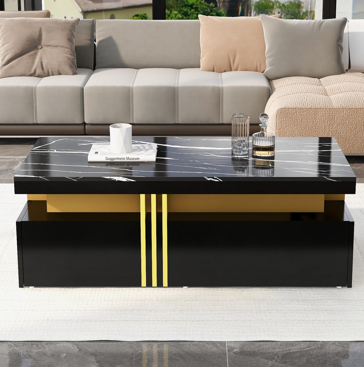 COUCHTISCH, schwarze marmorierte Hochglanzplatte, 2 Schubladen, Metallrand, 100/50/40 cm,schwarze - Schwarz, Holzwerkstoff (100/50/40cm) - Redom
