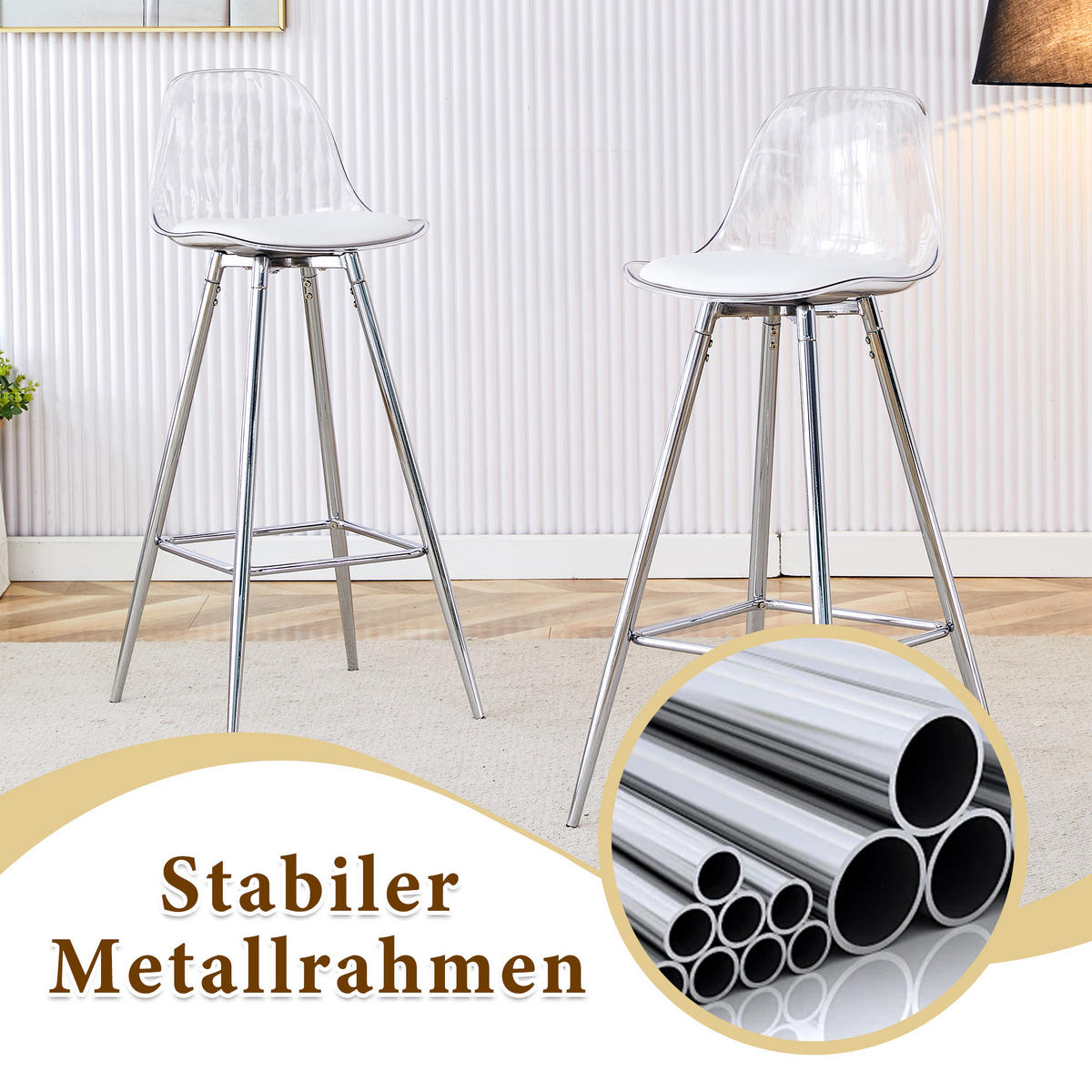 BARHOCKER 2er-Set Transparent mit Rückenlehne und silberfarbenem Metallgestell - Silberfarben, Metall (38/96.5/33cm) - PANGIVO