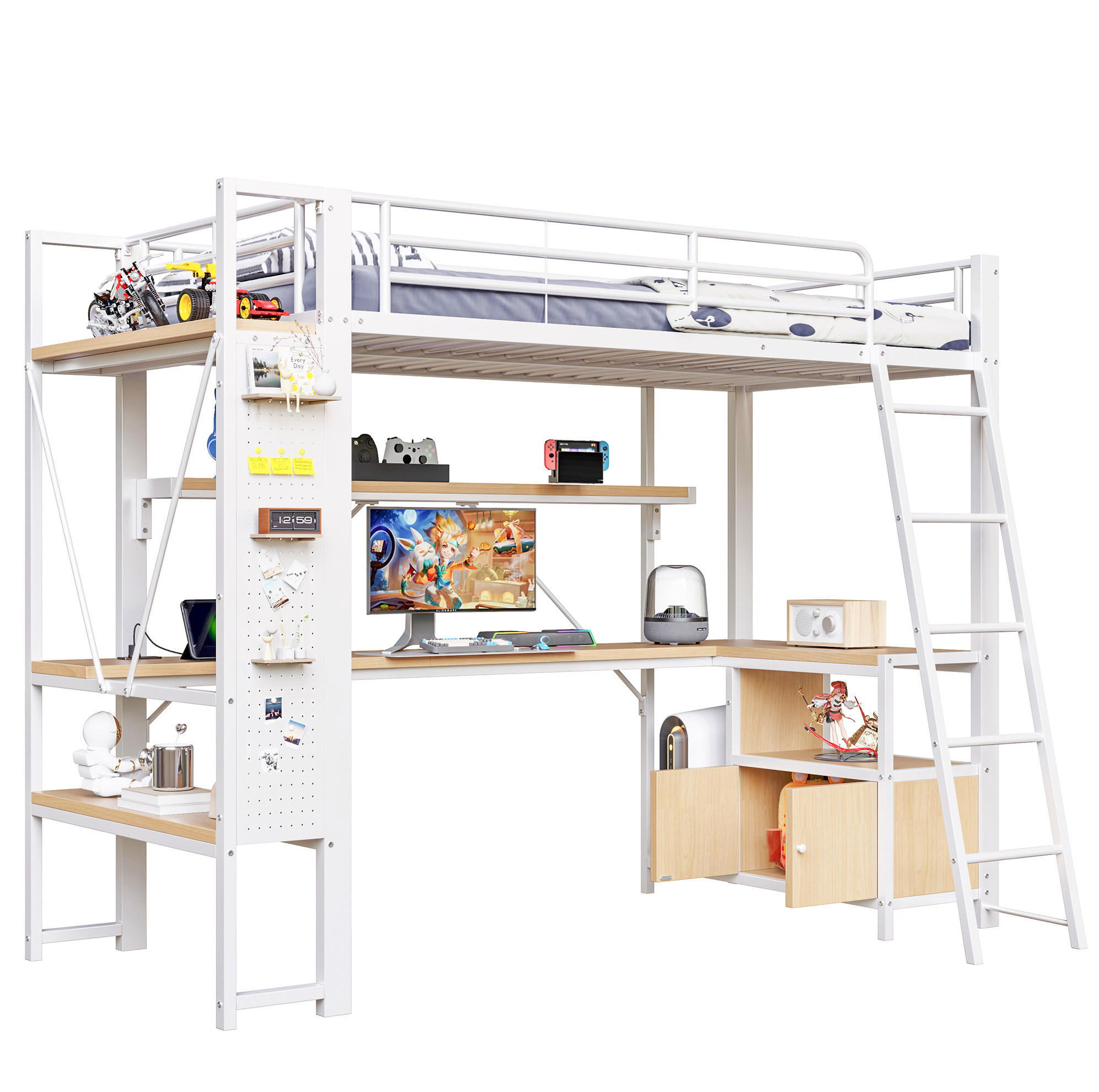 HOCHBETT 90/200 cm Weiß aus Metall und MDF mit Schreibtisch - Weiß, Metall (90/200cm) - OKWISH