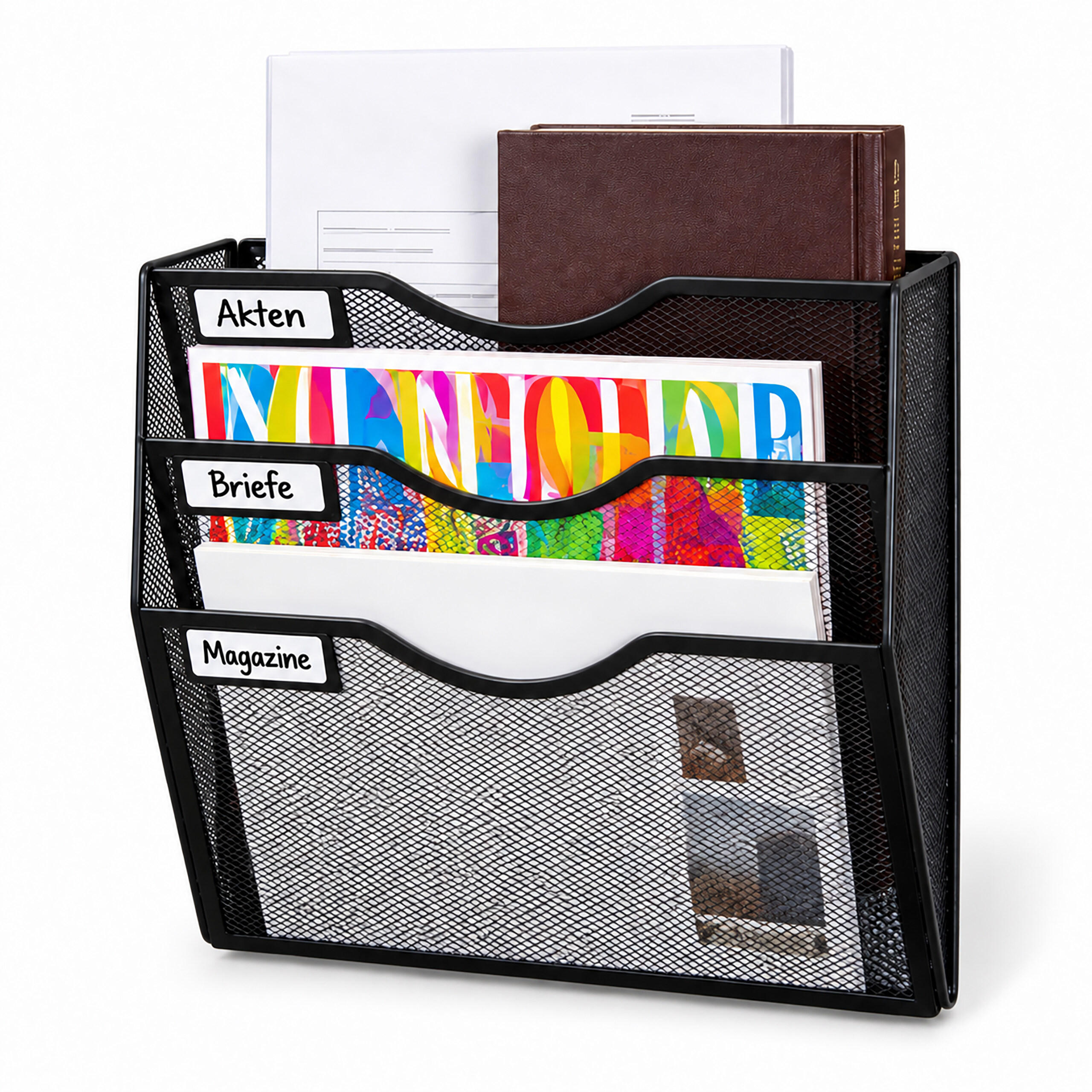 ZEITSCHRIFTENHALTER Schwarz Wandmontage 3 Ablagen - Schwarz, Metall (30.5/30.5/11cm) - Relaxdays