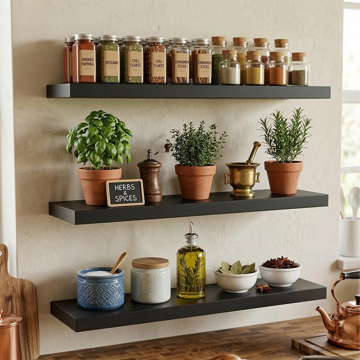 3XPOLICA - čierna, kov/kompozitné drevo (1000/4/23cm) - Relaxdays