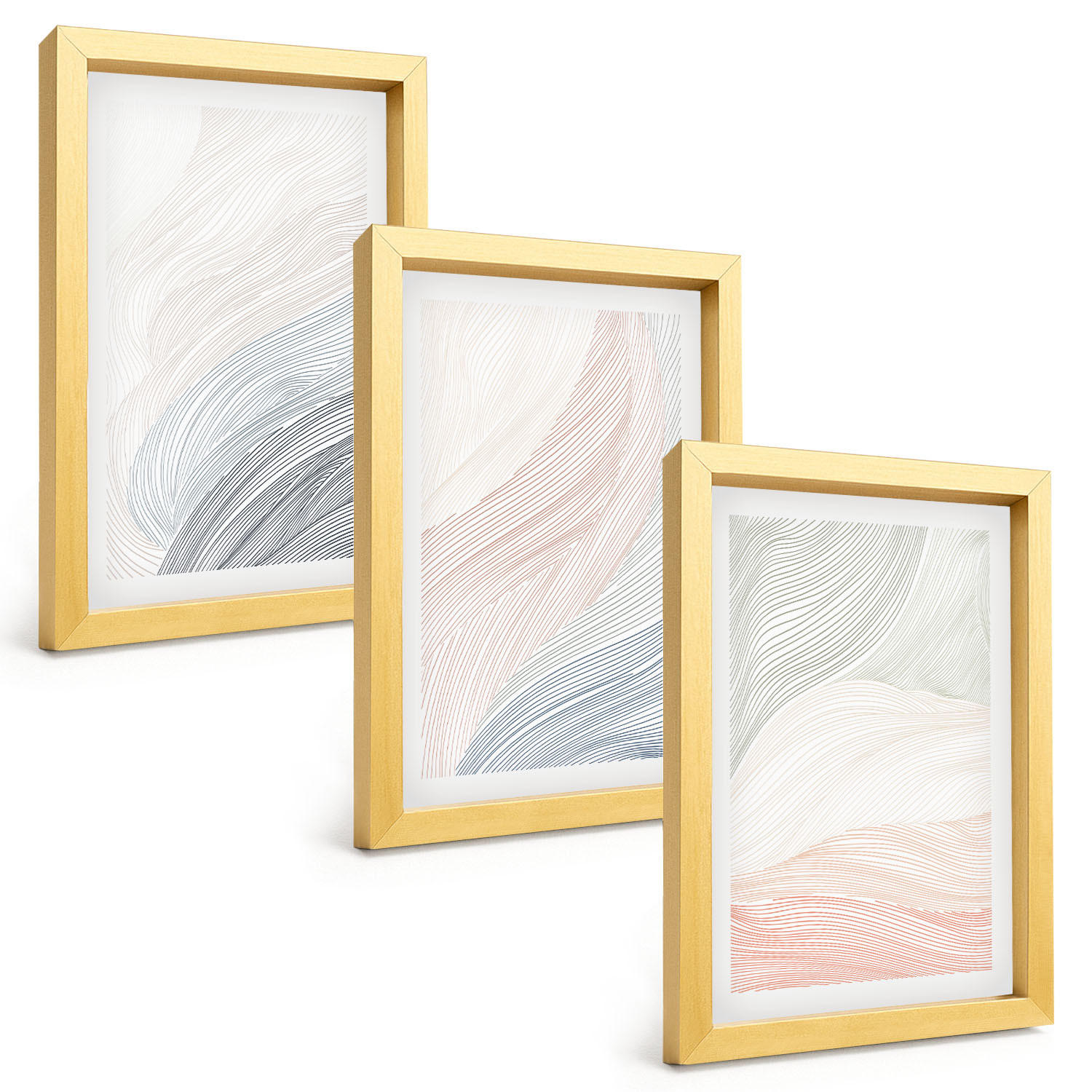 BILDER SET 3er Set - 20x30 cm Goldrahmen - Abstrakte Wellen, Karton, Pastell - Goldfarben, Kunststoff (20/30cm) - TULUP