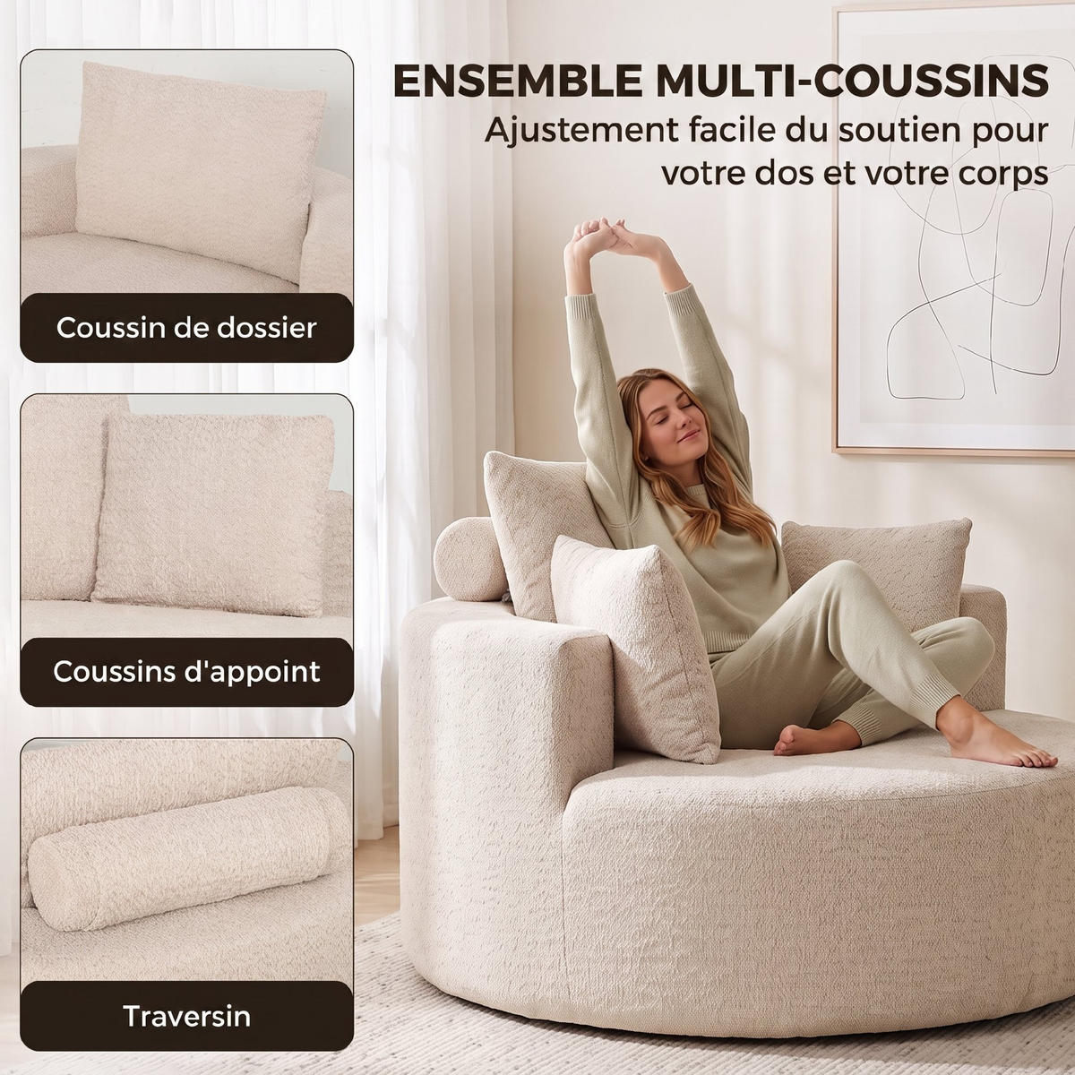 SESSEL Creme 130/130/82 cm - Creme, Textil (130/82/130cm) - PANGIVO